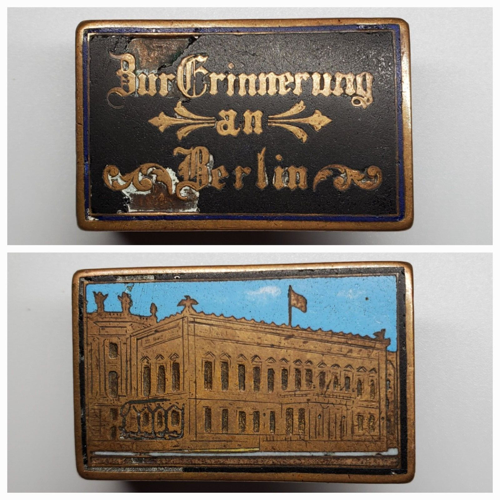 Antique German Berlin Souvenir Matchbox Holder Zur Erinnerung Enamel Case Sleeve