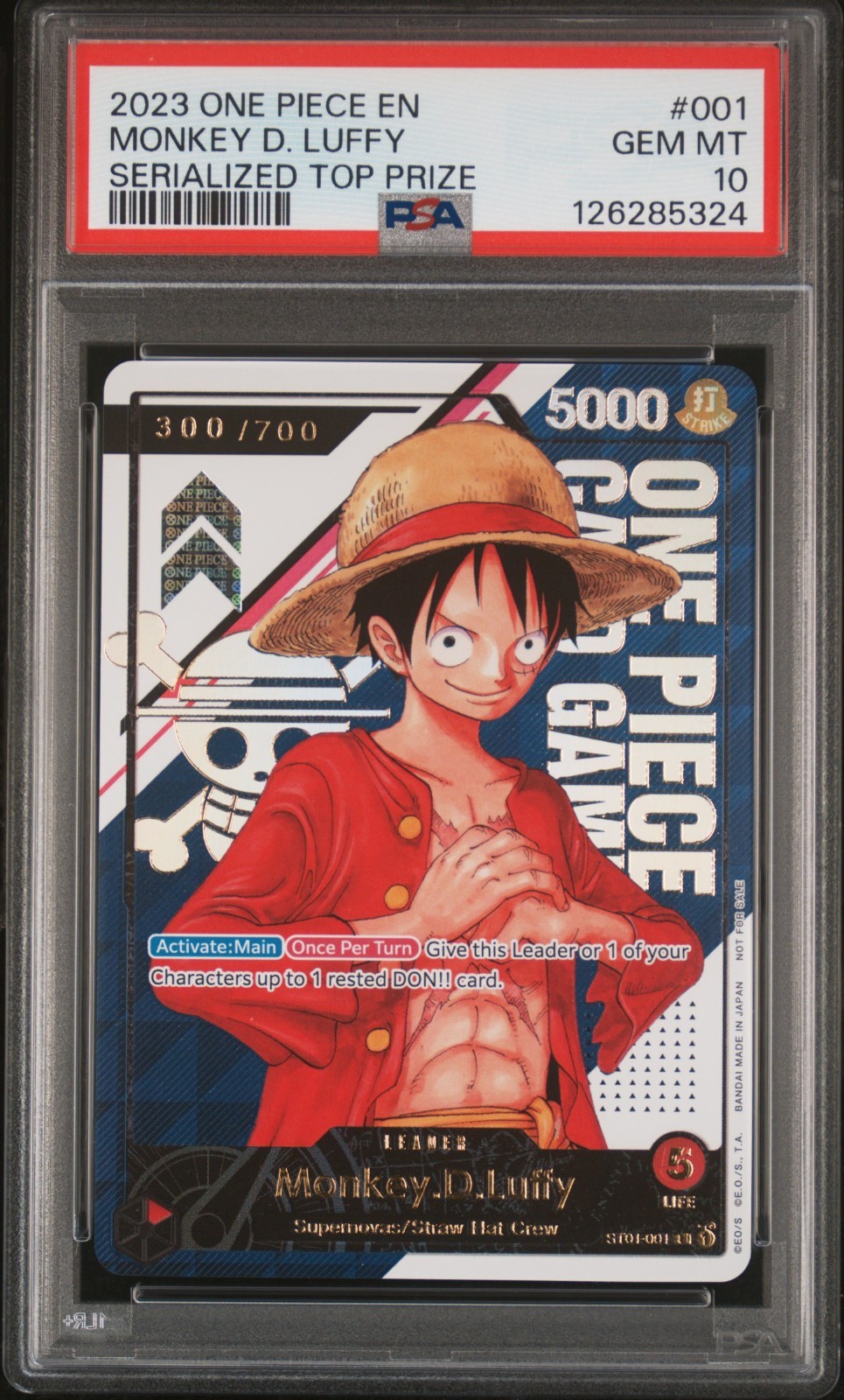 One Piece TCG Monkey D. Luffy Prize Card ST01-001 PSA 10 GEM MINT 300/700