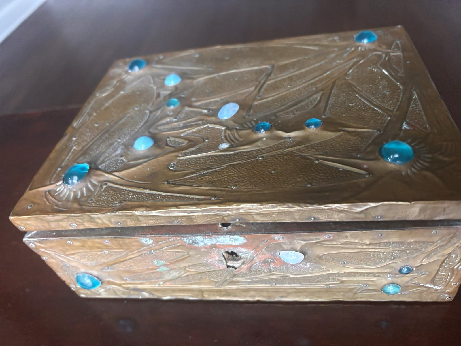 Antique Alfred Daguet Box Art Nouveau Hammered Copper Opal Jewel Casket As-Is) Antique Alfred Daguet Box Art Nouveau Hammered Copper Opal Jewel Casket As-Is)