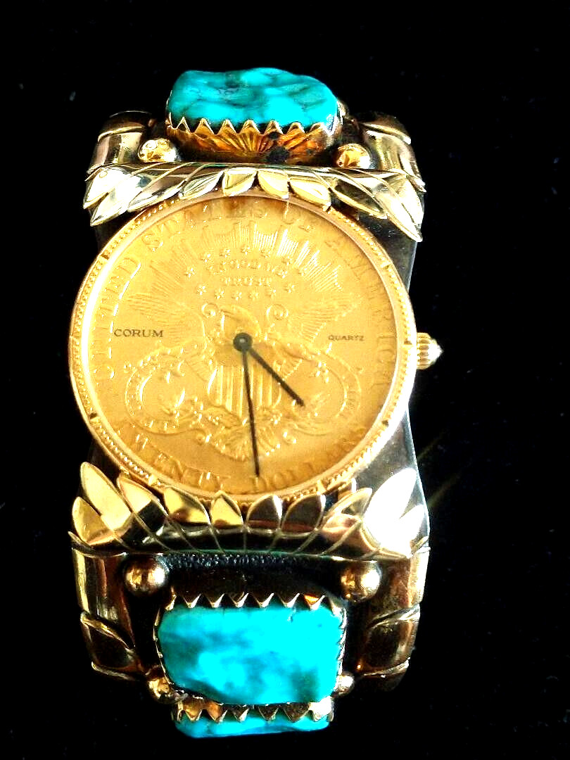Vintage Zuni Turquoise Watch Cuff Artist Signed 14k 24k 20 dollar corum watch Vintage Zuni Turquoise Watch Cuff Artist Signed 14k 24k 20 dollar corum watch