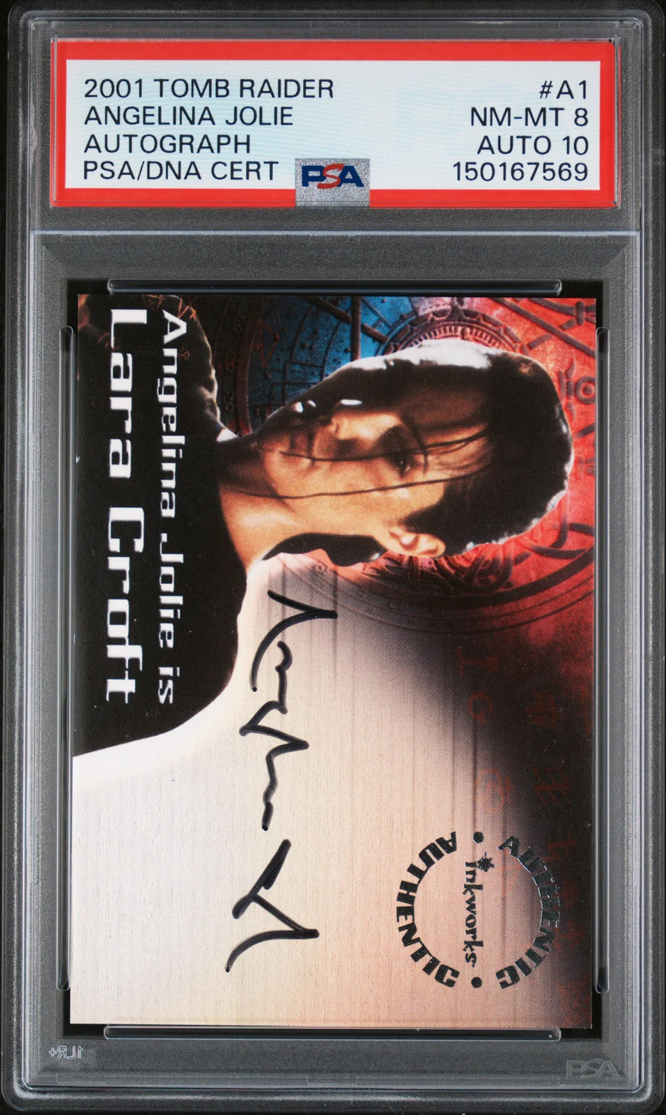 2001 Inkworks Tomb Raider Autograph Angelina Jolie AS Croft #A1 PSA 8 Auto 10 2001 Inkworks Tomb Raider Autograph Angelina Jolie AS Croft #A1 PSA 8 Auto 10