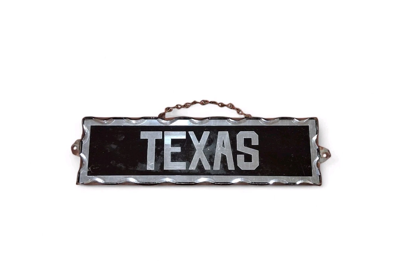 Antique TEXAS Reverse Painted Scalloped Chipped Glass And Metal Sign Plaque Antique TEXAS Reverse Painted Scalloped Chipped Glass And Metal Sign Plaque