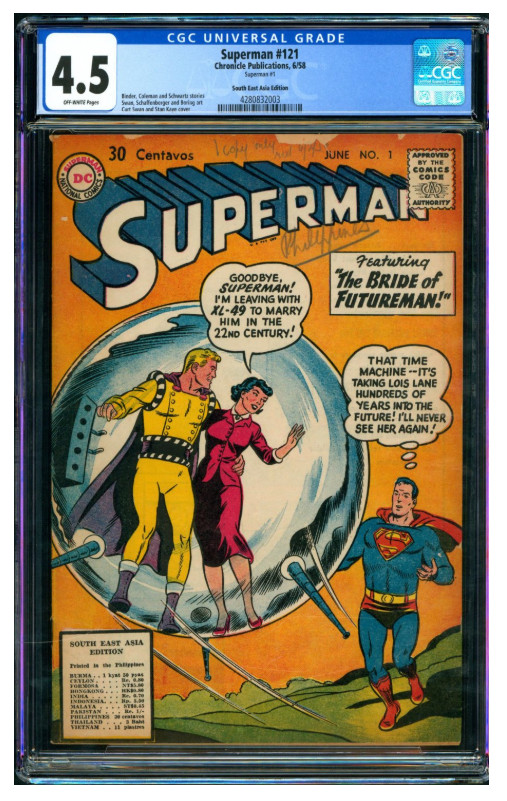 1958 DC SUPERMAN #1 & #121 CGC 4.5 1 OF 1 1ST SUPERMAN IN THE PHILIPPINES RARE 1958 DC SUPERMAN #1 & #121 CGC 4.5 1 OF 1 1ST SUPERMAN IN THE PHILIPPINES RARE