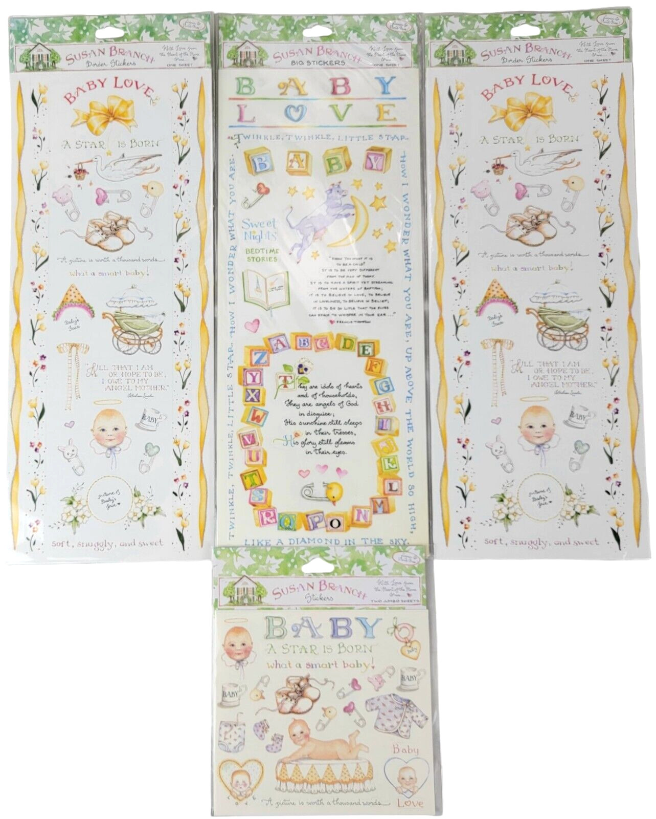 4 New Susan Branch Sticker Sheets Baby Jumbo Love Border Scrapbook Craft Photos 4 New Susan Branch Sticker Sheets Baby Jumbo Love Border Scrapbook Craft Photos