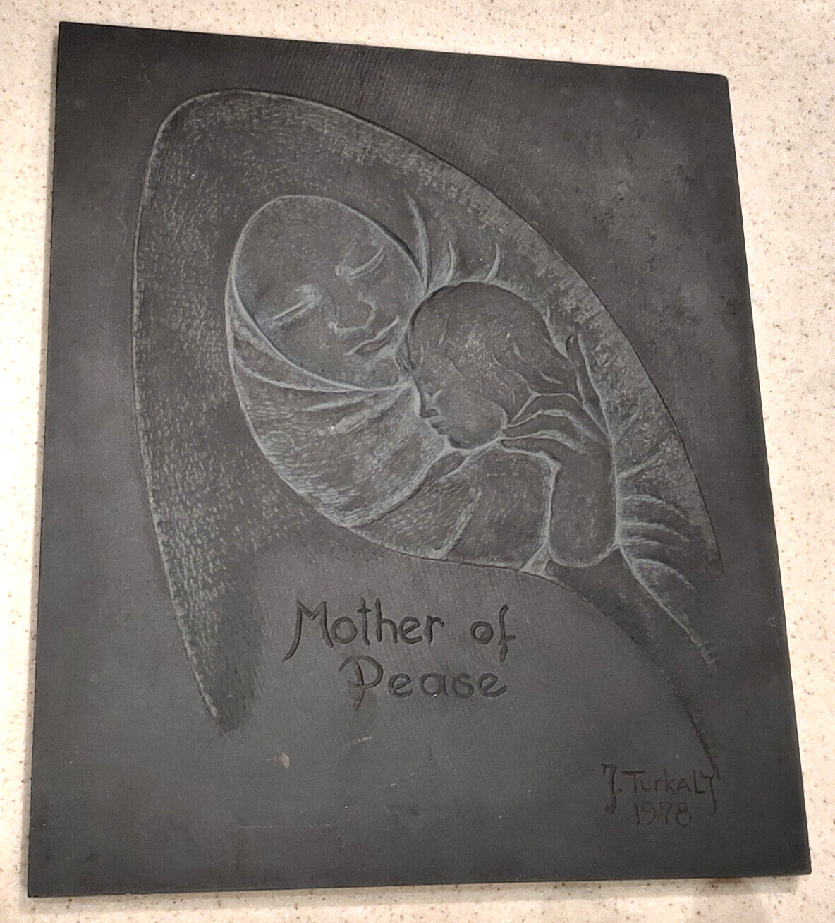VINTAGE 1978 JOSEPH TURKALY 'MOTHER OF PEACE' SLATE RELIEF SCULPTURE