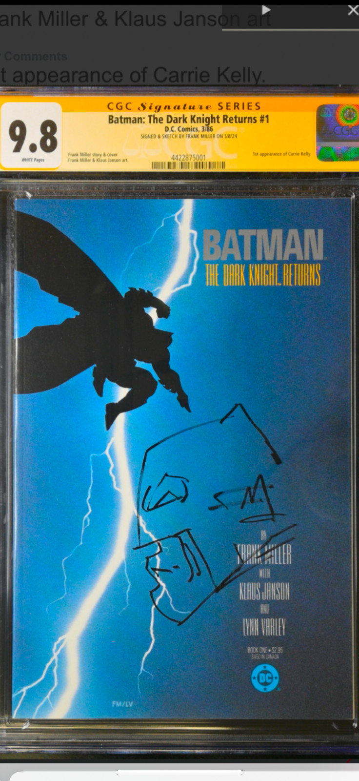 Batman The Dark Knight Returns #1 CGC 9.8 Signed + Sketched by Frank Millerš„ Batman The Dark Knight Returns #1 CGC 9.8 Signed + Sketched by Frank Millerš„