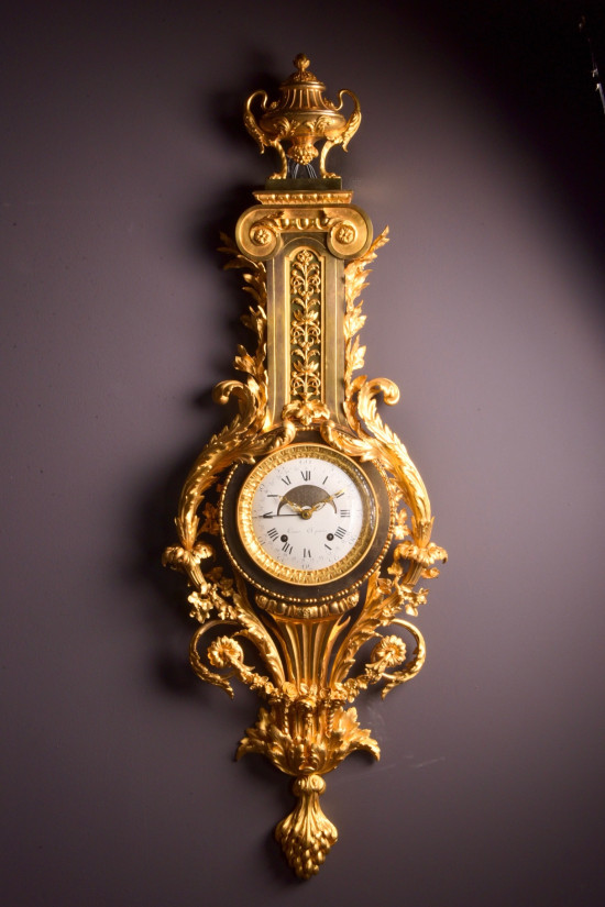 Clock Cartel XL French Louis XVI Ormolu Bronze Enamel Dial Signed 19thC 55inch Clock Cartel XL French Louis XVI Ormolu Bronze Enamel Dial Signed 19thC 55inch