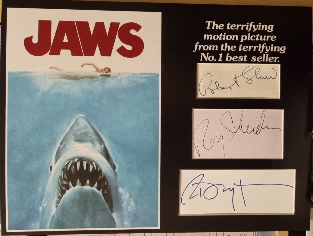 JAWS Signed 16x12 Photo Display ROBERT SHAW, ROY SCHEIDER, RICHARD DREYFUSS COA
