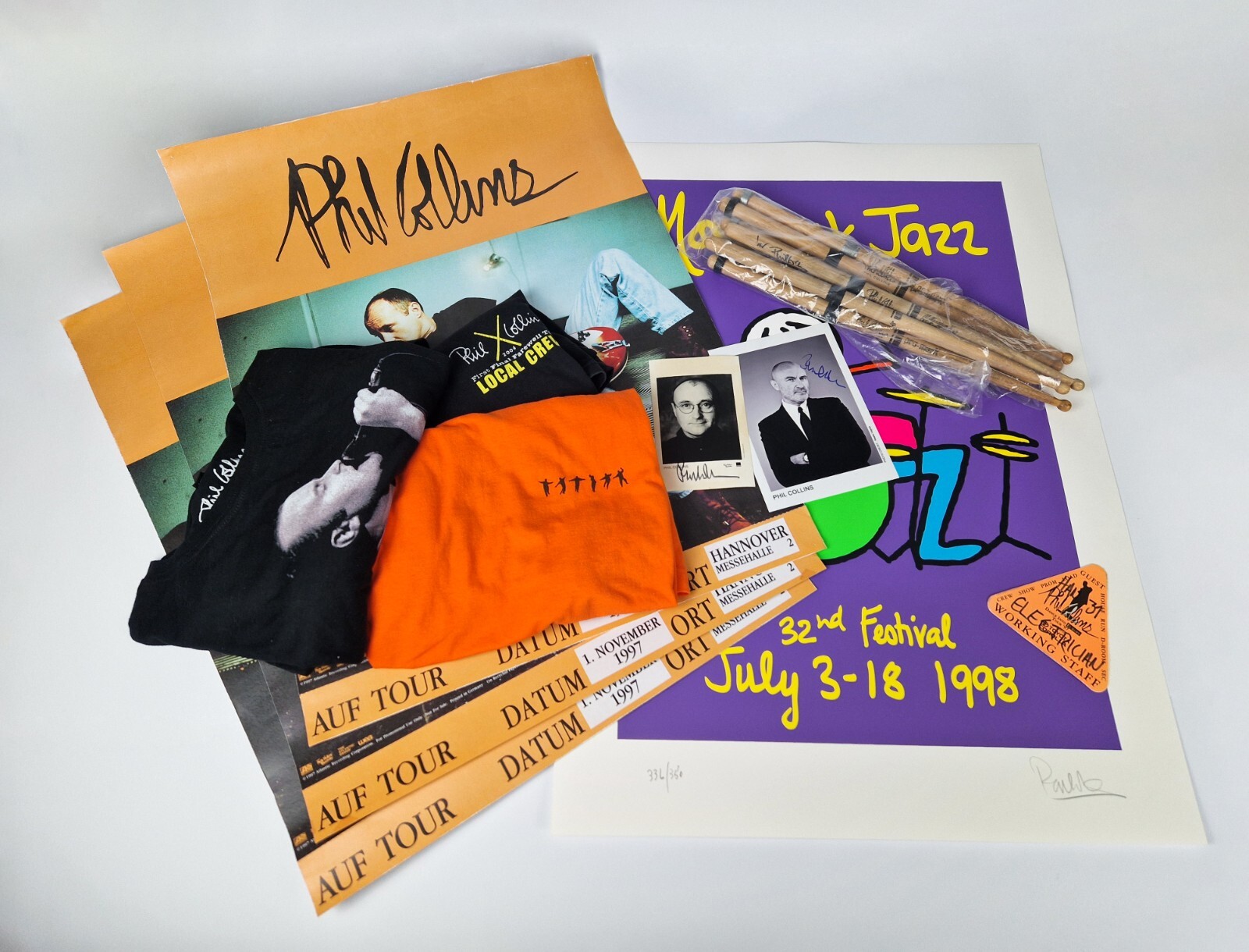 Phil Collins Rare Items Lot - 4 Autographs, 7 Drumsticks, Artprint, Tour Poster Phil Collins Rare Items Lot - 4 Autographs, 7 Drumsticks, Artprint, Tour Poster