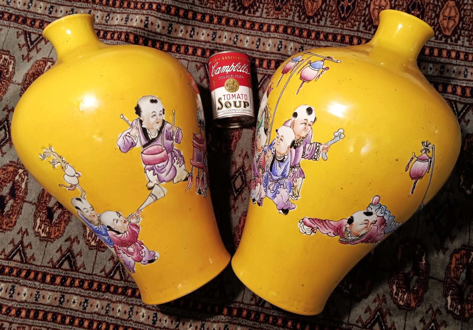 2 IMPERIAL YELLOW antique chinese porcelain vase art pottery vtg urn jar bottle