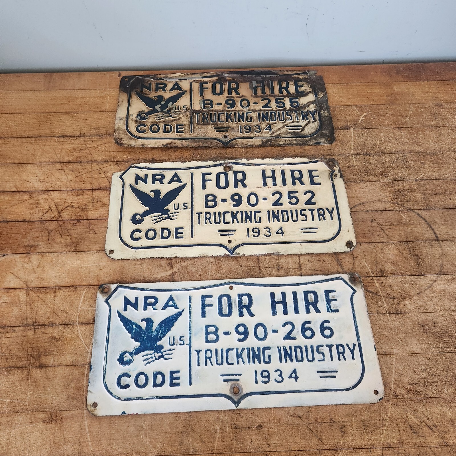 1934 NRA U.S. CODE License Plate Topper For Hire Trucking Industry Lot of 3 1934 NRA U.S. CODE License Plate Topper For Hire Trucking Industry Lot of 3