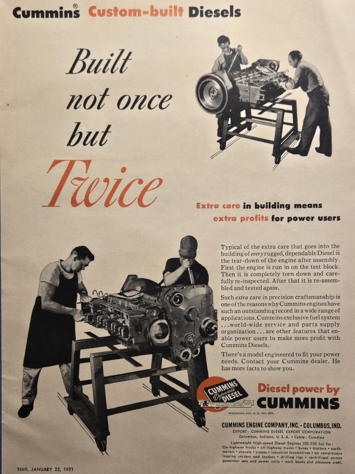 Cummins Diesel Engines Columbus IN Custom Buil Power Vintage Print Ad 1951 Cummins Diesel Engines Columbus IN Custom Buil Power Vintage Print Ad 1951
