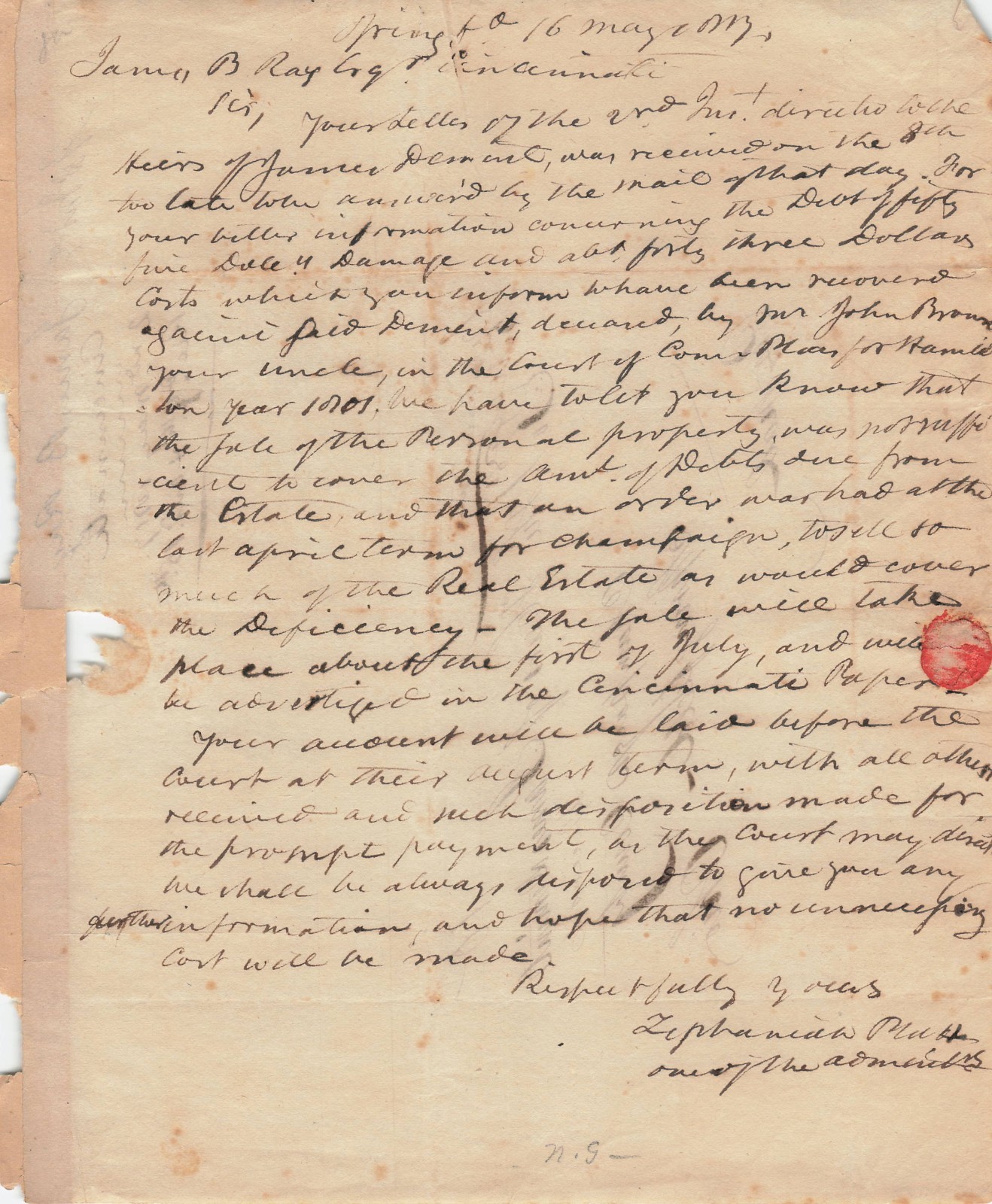 1817 Letter James Demint Estate Springfield Ohio Founder James B Ray Indiana Gov 1817 Letter James Demint Estate Springfield Ohio Founder James B Ray Indiana Gov