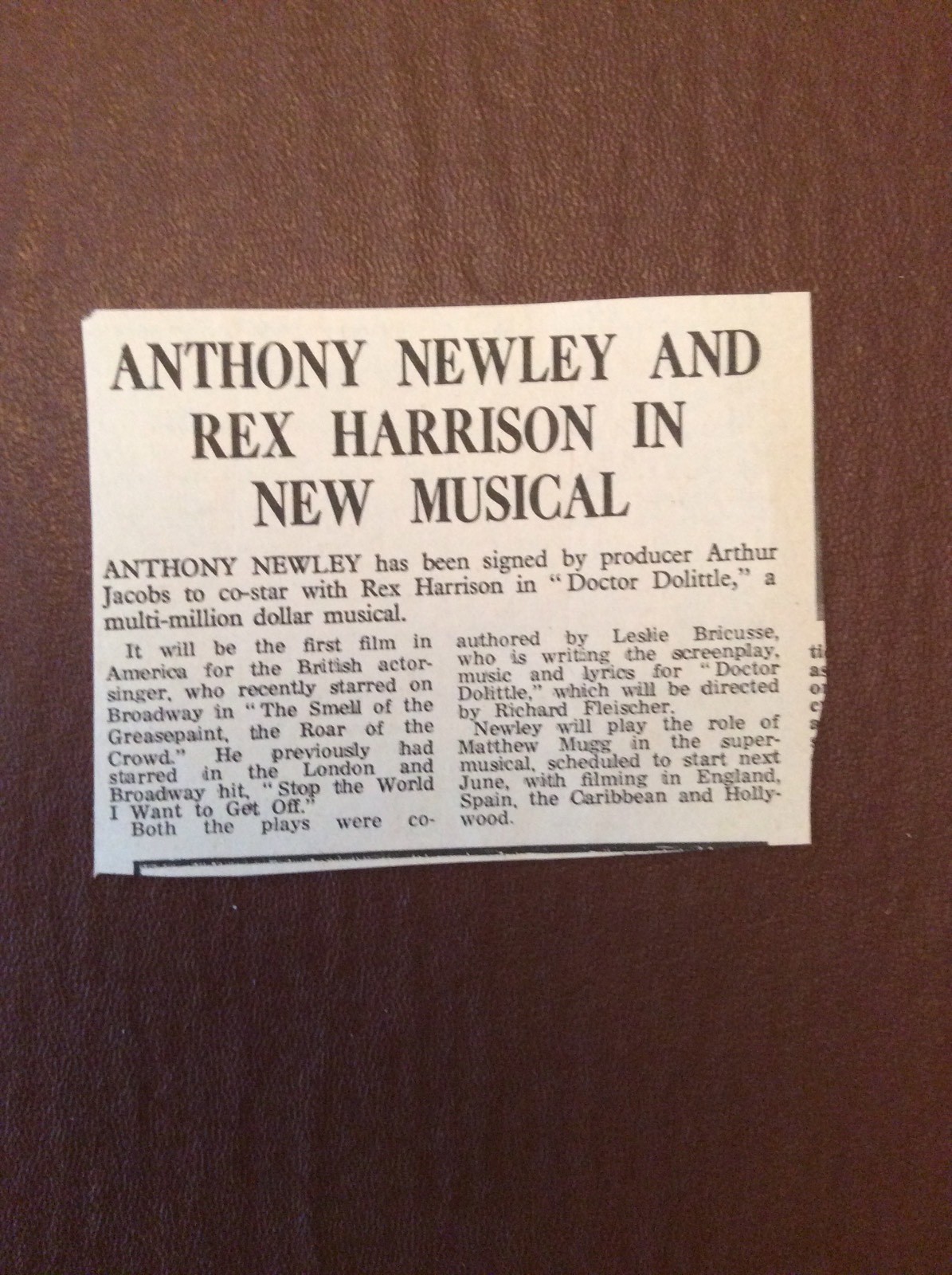 M62-3 Ephemera 1966 Article Anthony Newley Dr Dolittle M62-3 Ephemera 1966 Article Anthony Newley Dr Dolittle