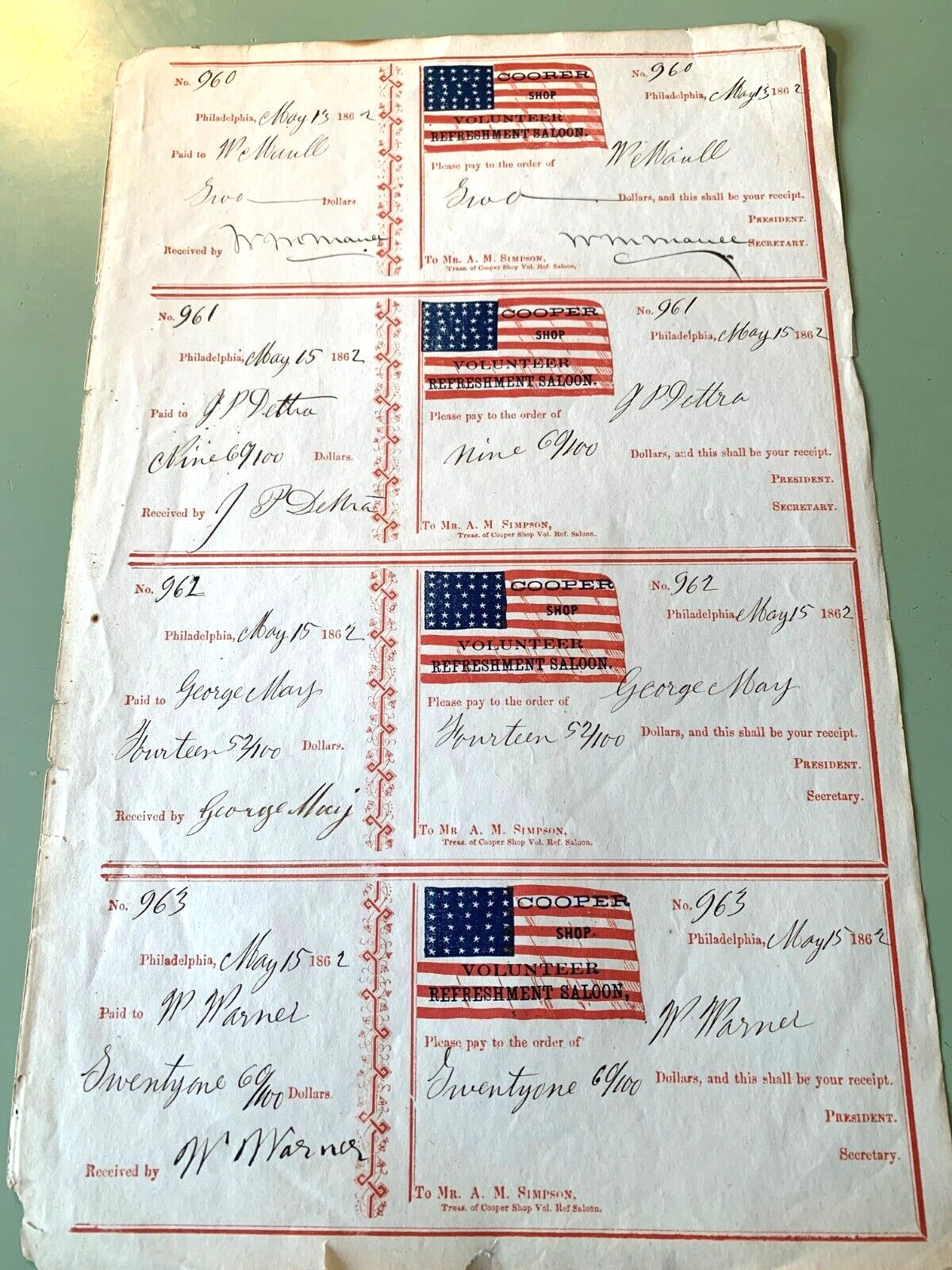 COOPER VOLUNTEER REFRESHMENT SALOON – Uncut Sheet of 1862 Civil War Receipts COOPER VOLUNTEER REFRESHMENT SALOON – Uncut Sheet of 1862 Civil War Receipts