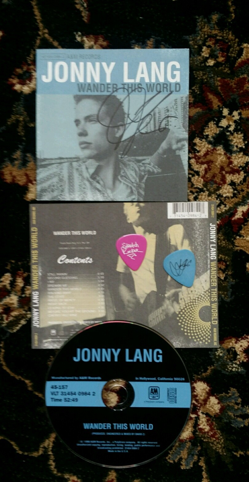 JONNY LANG AUTOGRAPHED SIGNED WANDER THIS WORLD CD w/ GUITAR PICKS 2 PICK SET