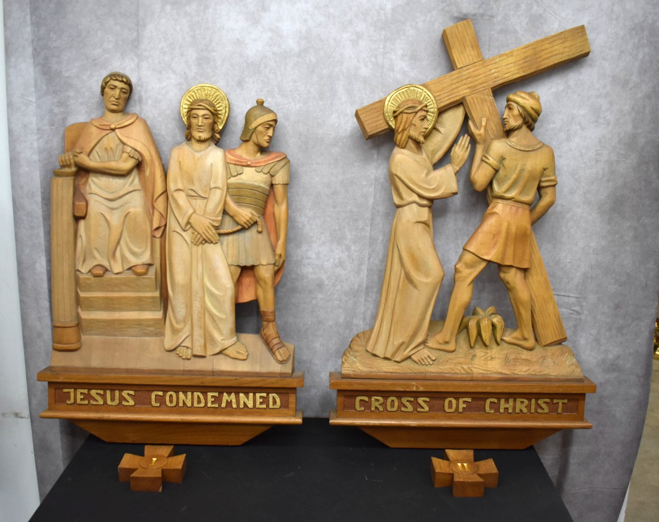 Nice Older Set of Wood Carved Stations of the Cross by Demetz, Italy (CU878)