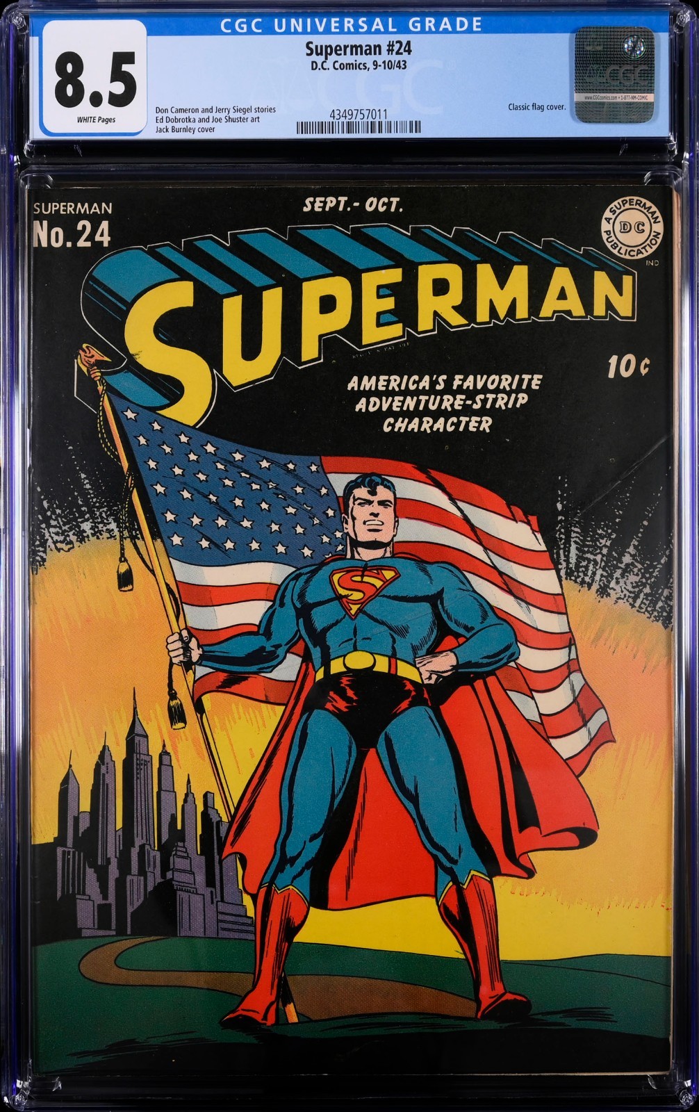 1943 SUPERMAN #24 CLASSIC AMERICAN FLAG COVER (DC) CGC 8.5 VF+ White Pages Pop 4 1943 SUPERMAN #24 CLASSIC AMERICAN FLAG COVER (DC) CGC 8.5 VF+ White Pages Pop 4