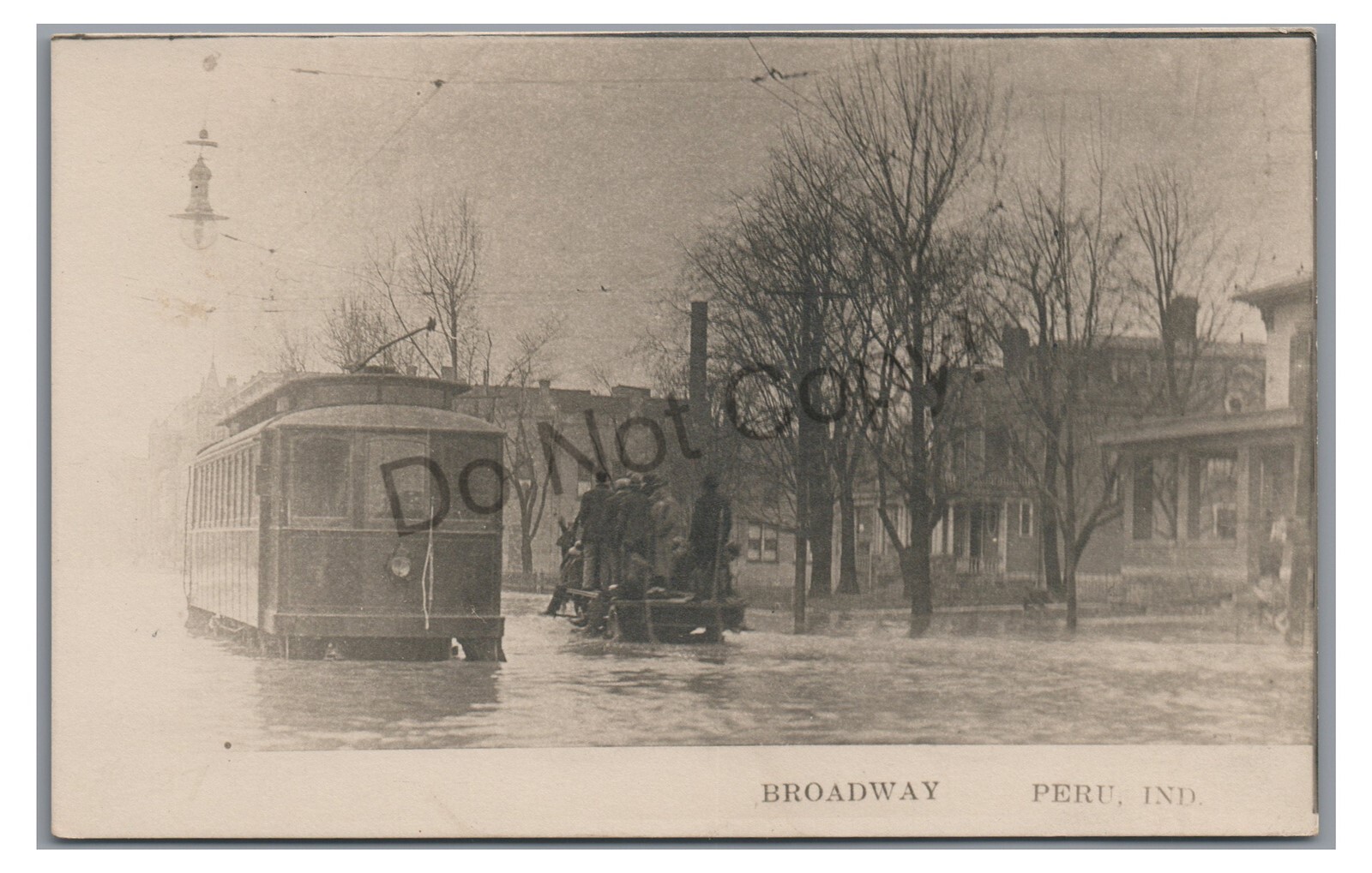 RPPC Trolley on Broadway Flood PERU IN Indiana 1913 Vintage Real Photo Postcard