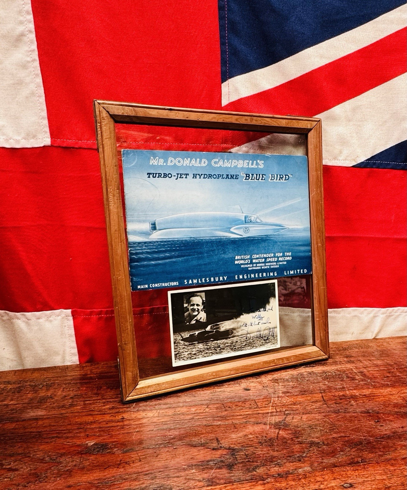 Superb Framed Donald Campbell Bluebird Signed Photo Card & Brochure d.1955