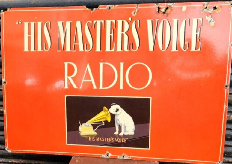 VINTAGE OLD ORIGINAL PORCELAIN ENAMEL SIGN HMV HIS MASTER'S VOICE REDIO 1910 VINTAGE OLD ORIGINAL PORCELAIN ENAMEL SIGN HMV HIS MASTER'S VOICE REDIO 1910