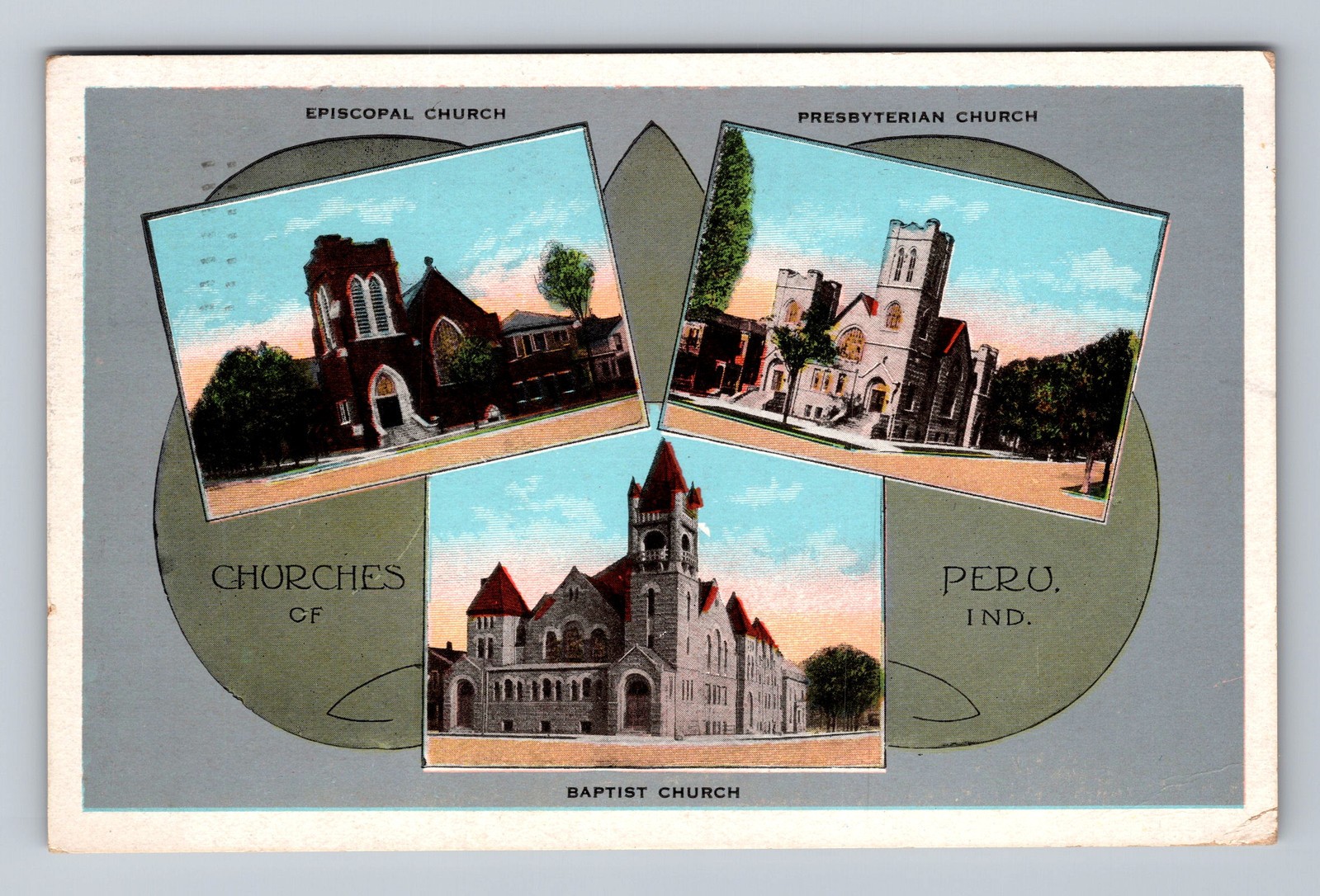 Peru IN-Indiana Churches Of Town Landmarks Vintage c1938 Postcard