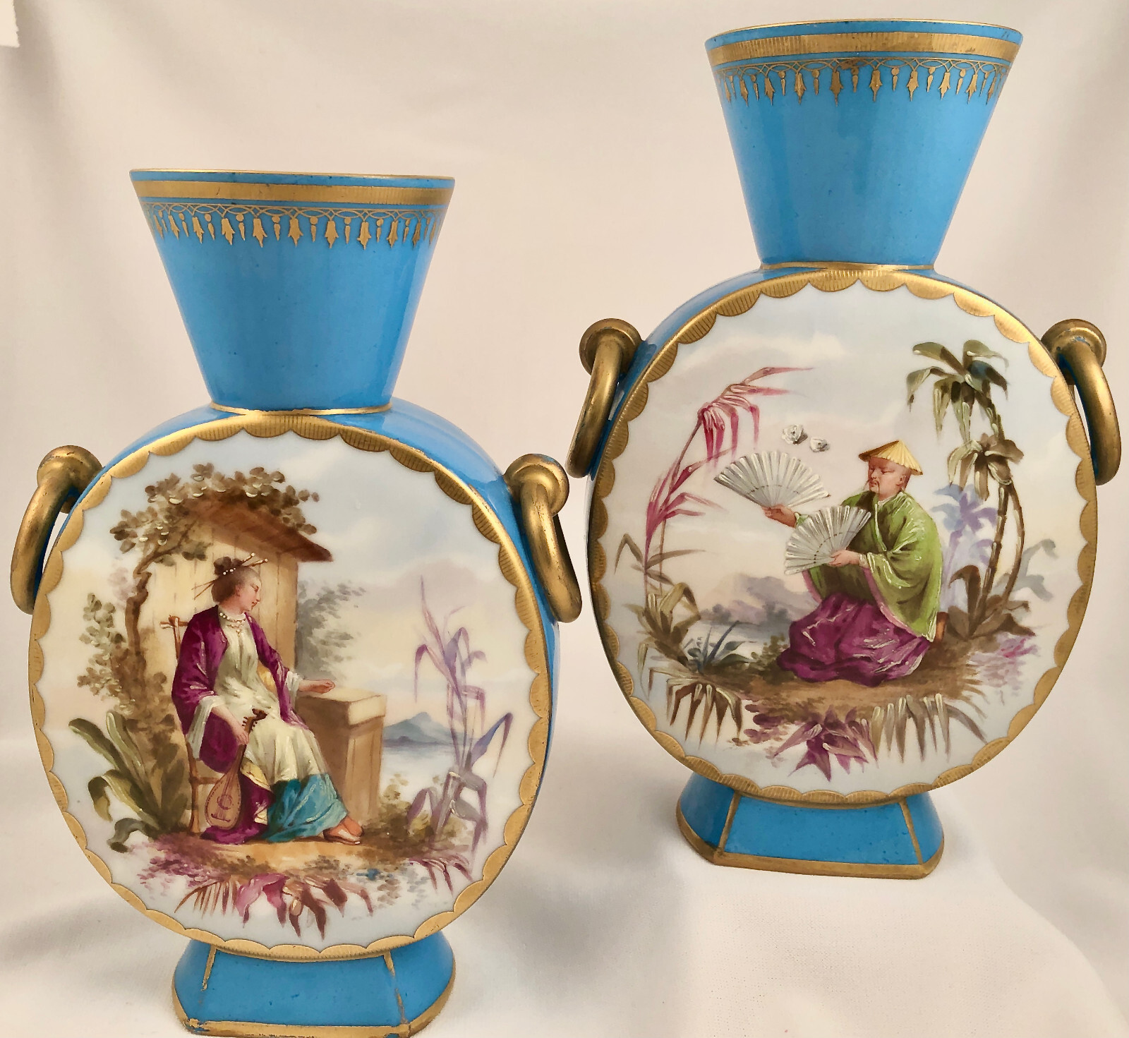 Pair 19th C. H. Ardant Paris Porcelain Chinoiserie Vases, Celeste Blue Pair 19th C. H. Ardant Paris Porcelain Chinoiserie Vases, Celeste Blue