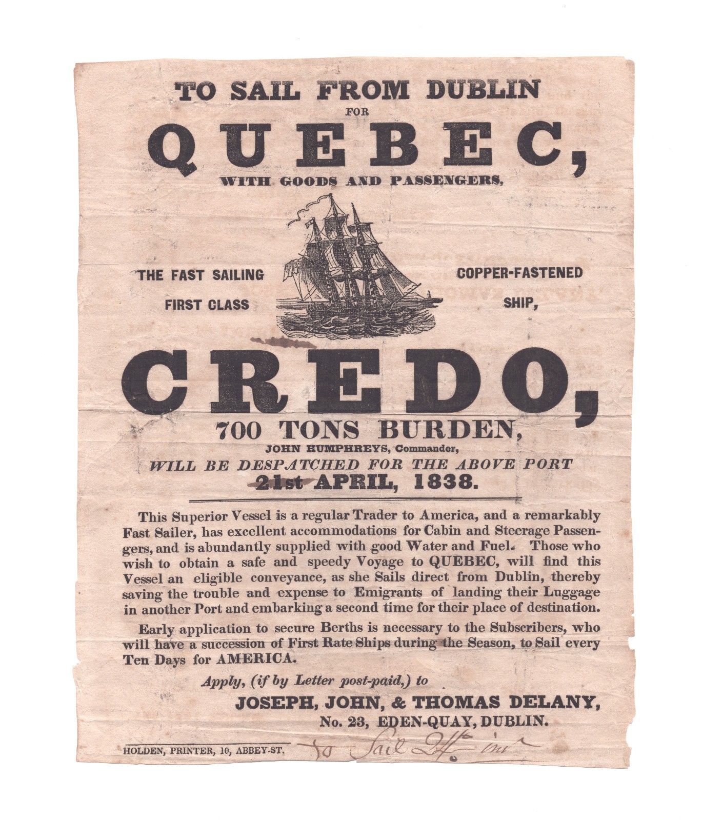 Illustrated broadside for passage to Quebec, Lower Canda from Dublin, April 1838 Illustrated broadside for passage to Quebec, Lower Canda from Dublin, April 1838