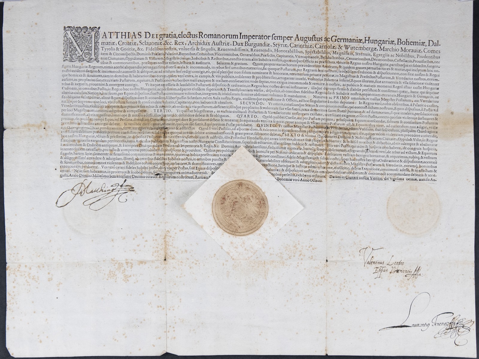 EMPEROR MATTHIAS (HOLY ROMAN) - DOCUMENT SIGNED 08/28/1618