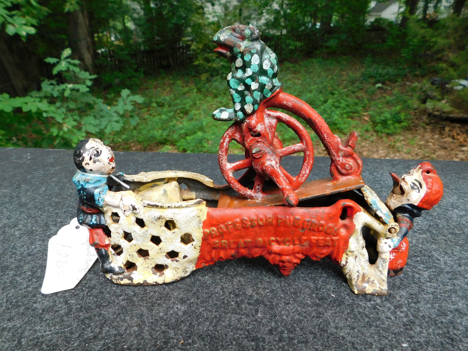 Professor Pug Frog's Great Bicycle Feat Mechanical Bank Cast Iron Real or Repro?