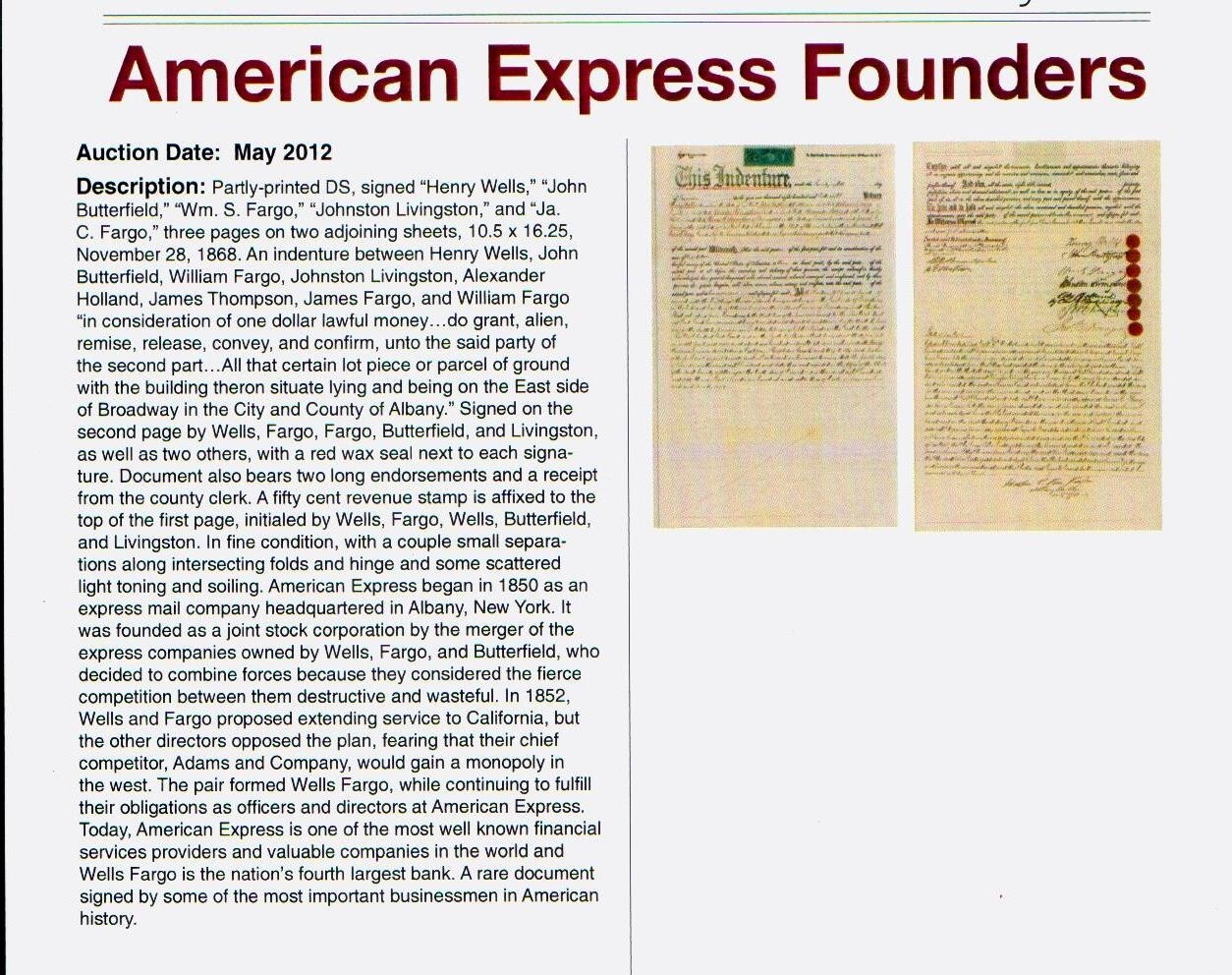 1868 FANTASTIC American Express Document - signed Wells Fargo Butterfield others