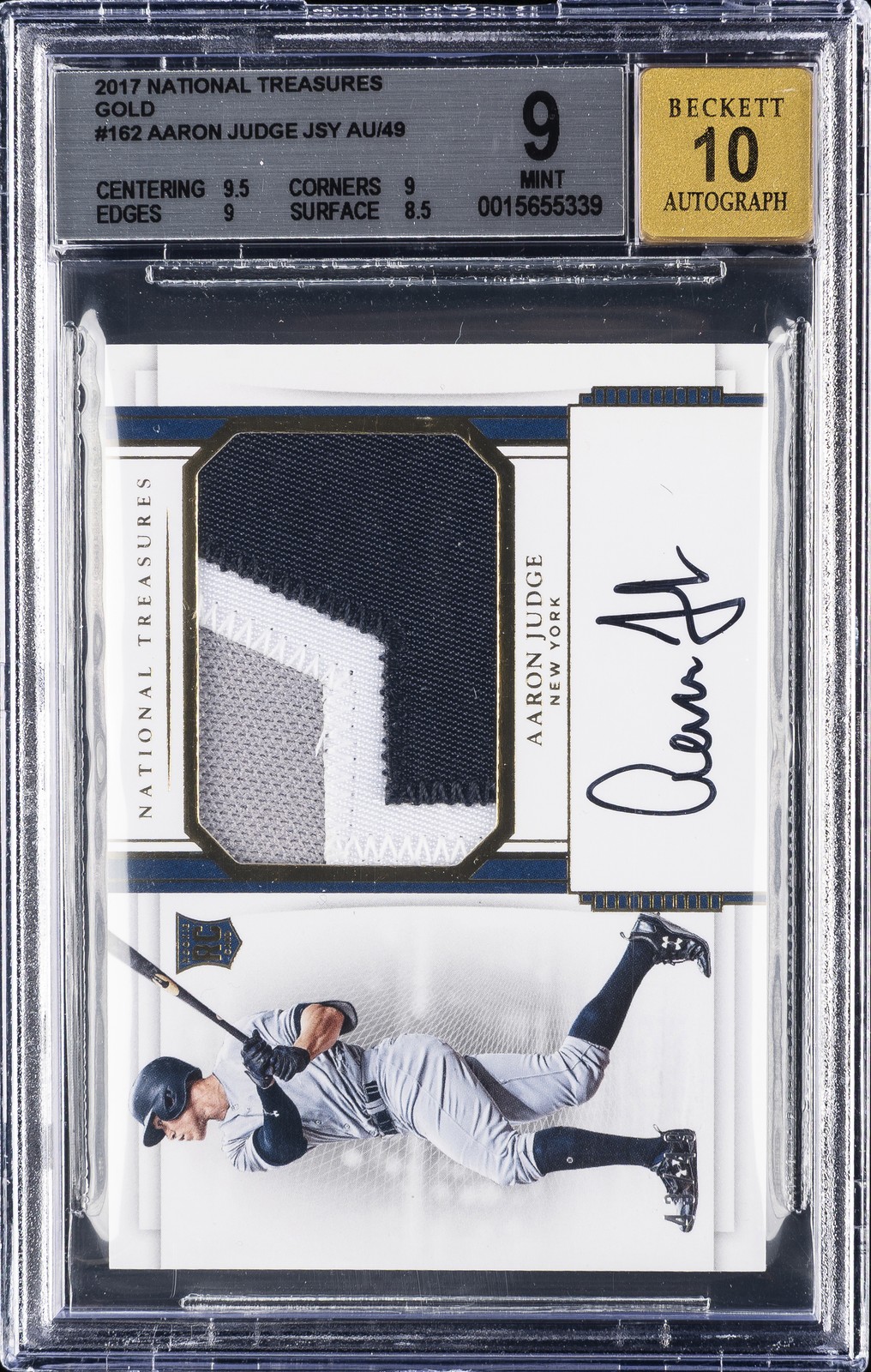 2017 NATIONAL TREASURES GOLD, JSY AU/49 #162 AARON JUDGE BGS 9 2017 NATIONAL TREASURES GOLD, JSY AU/49 #162 AARON JUDGE BGS 9