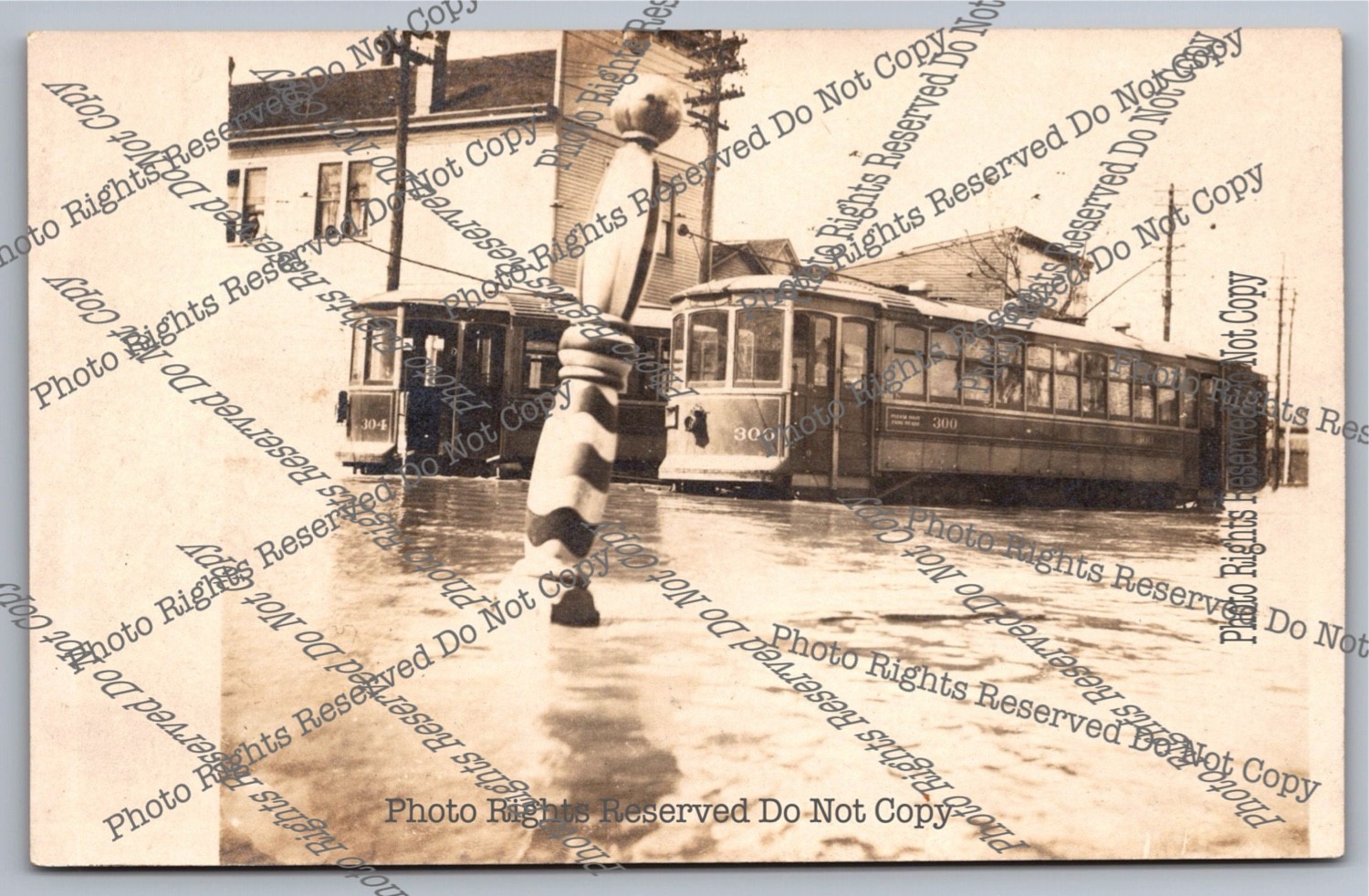 Antique 1913 RPPC Trolleys Caught Flood Willmington Ohio Real Photo Postcard