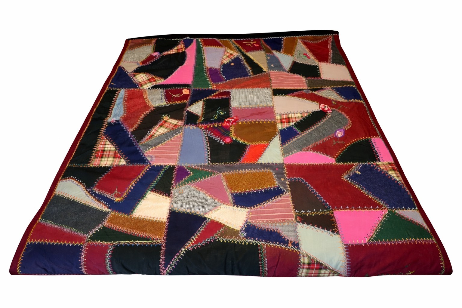 Antique Crazy Quilt Hand Embroidered Museum Quality 68x83 Exceptional Seam Work