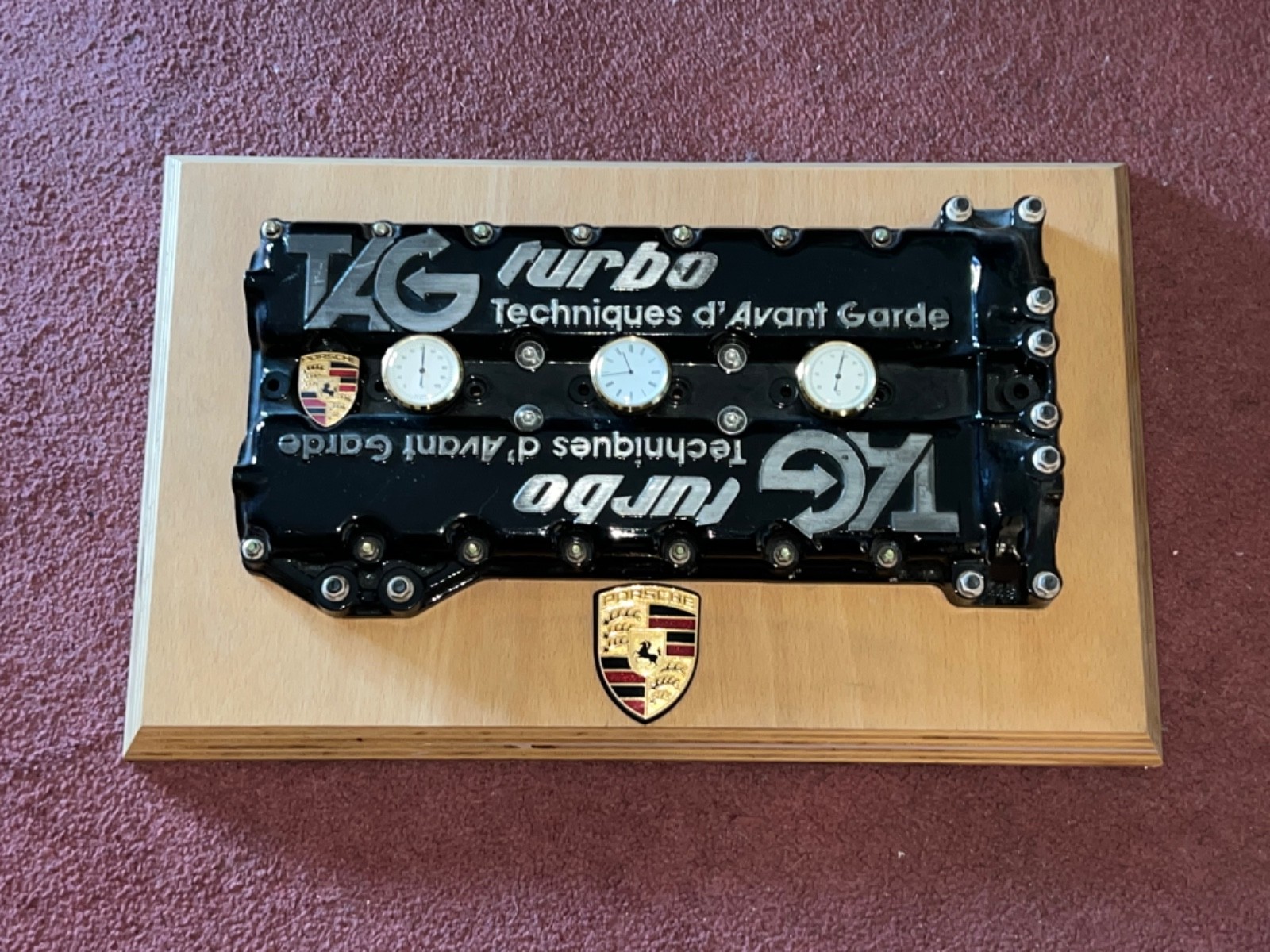 RARE 1980’s OFFICIAL MCLAREN MP4 TAG TURBO PORSCHE CYLINDER HEAD ART PIECE SIGN
