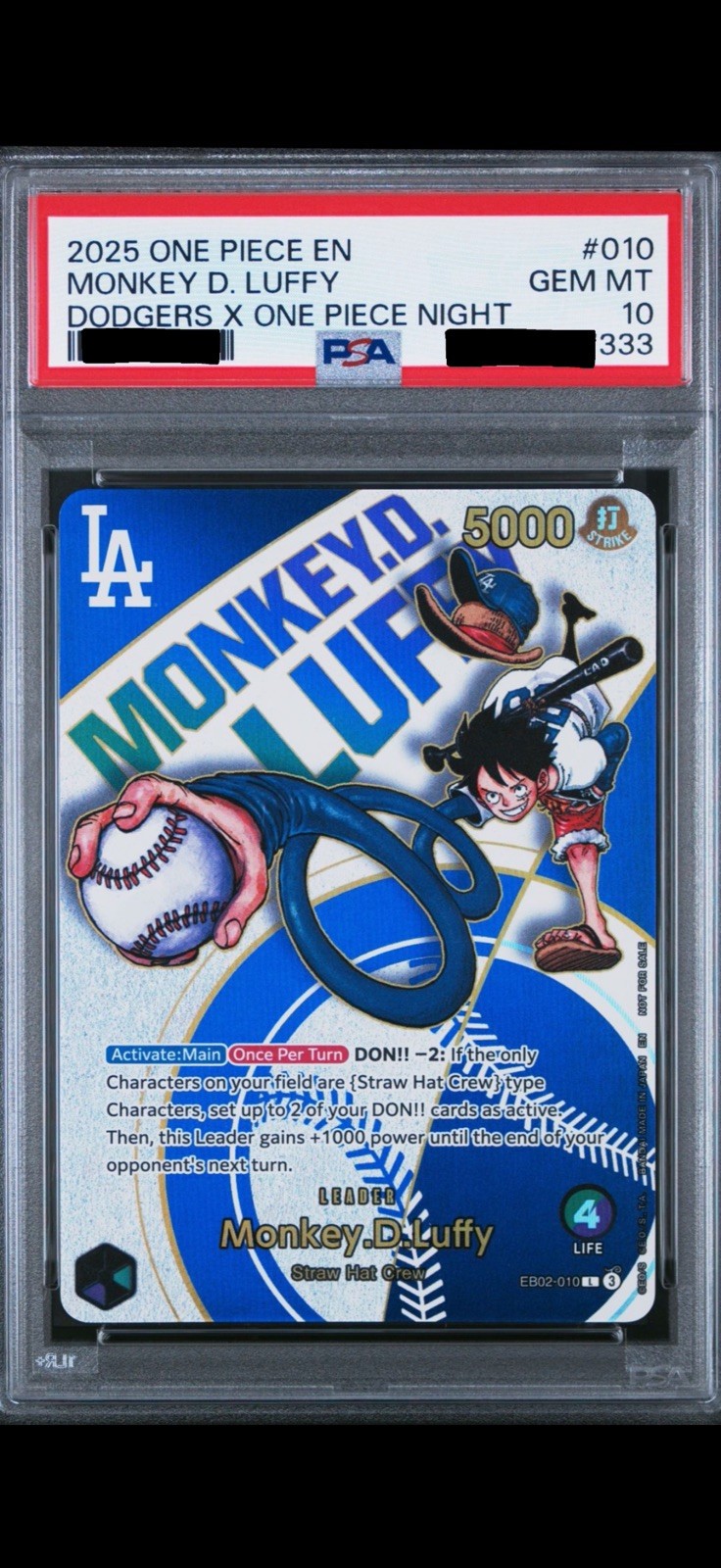 OnePiece & LA Dodgers Collab July 3rd Promo Monkey.D.Luffy EB02-010 333 Luffy OnePiece & LA Dodgers Collab July 3rd Promo Monkey.D.Luffy EB02-010 333 Luffy