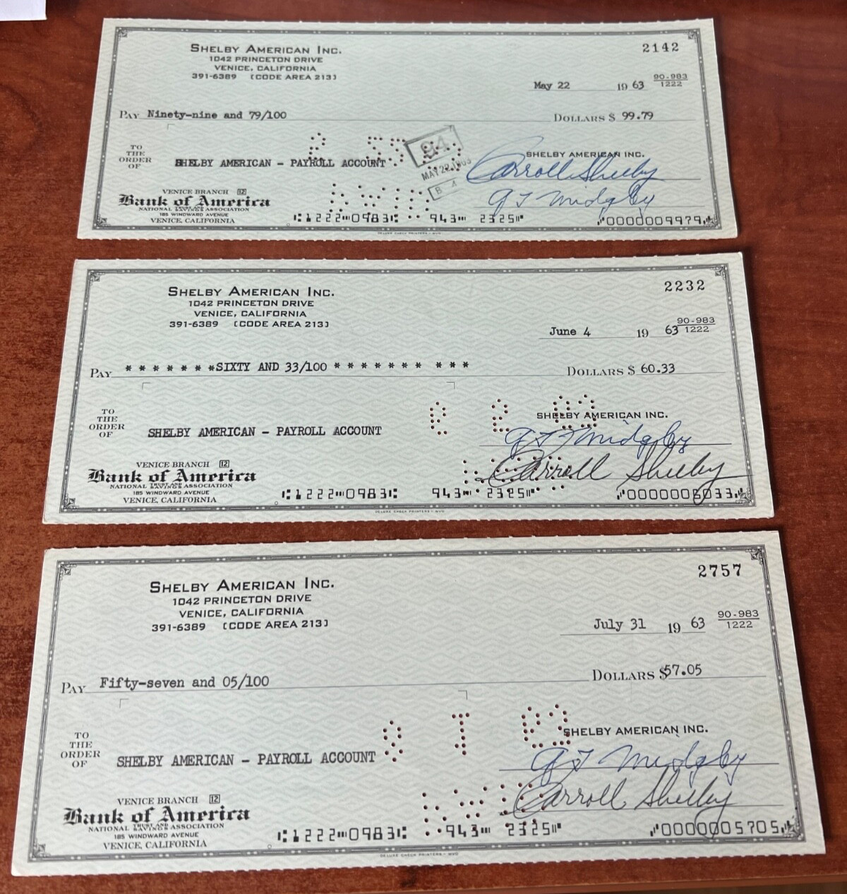 3x CARROLL SHELBY SIGNED Check 1963 american checks racing car cobra gt payroll 3x CARROLL SHELBY SIGNED Check 1963 american checks racing car cobra gt payroll
