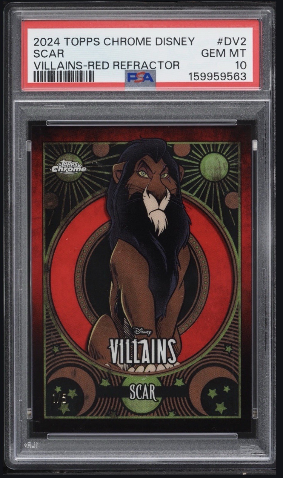 2024 Topps Chrome Disney Villains Red Refractor Scar 1/5 #DV-2 PSA 10 GEM MINT 2024 Topps Chrome Disney Villains Red Refractor Scar 1/5 #DV-2 PSA 10 GEM MINT