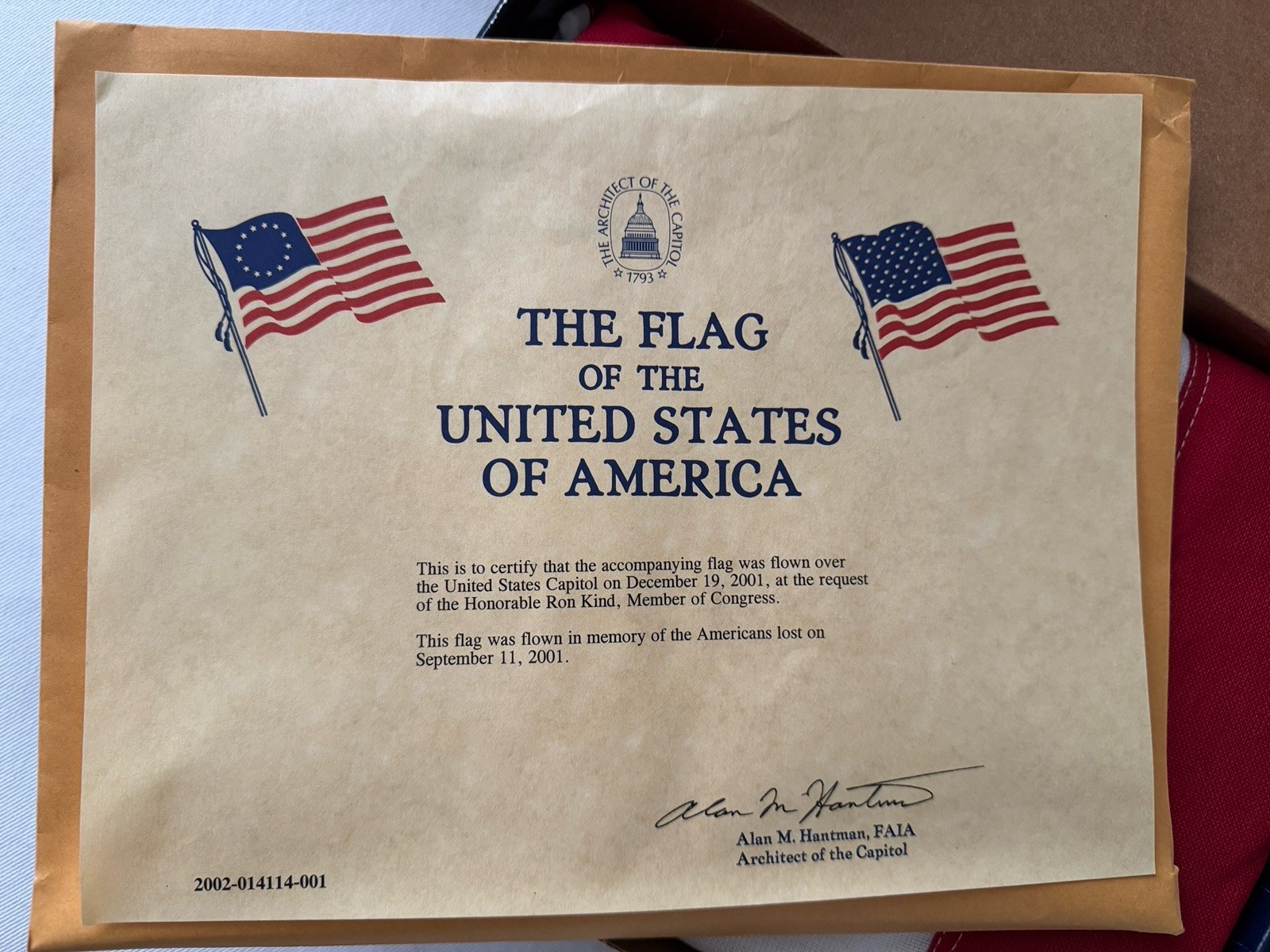 United States Flag Flown Over The Capitol 2001 In Memory Of Americans Lost 9-11 United States Flag Flown Over The Capitol 2001 In Memory Of Americans Lost 9-11
