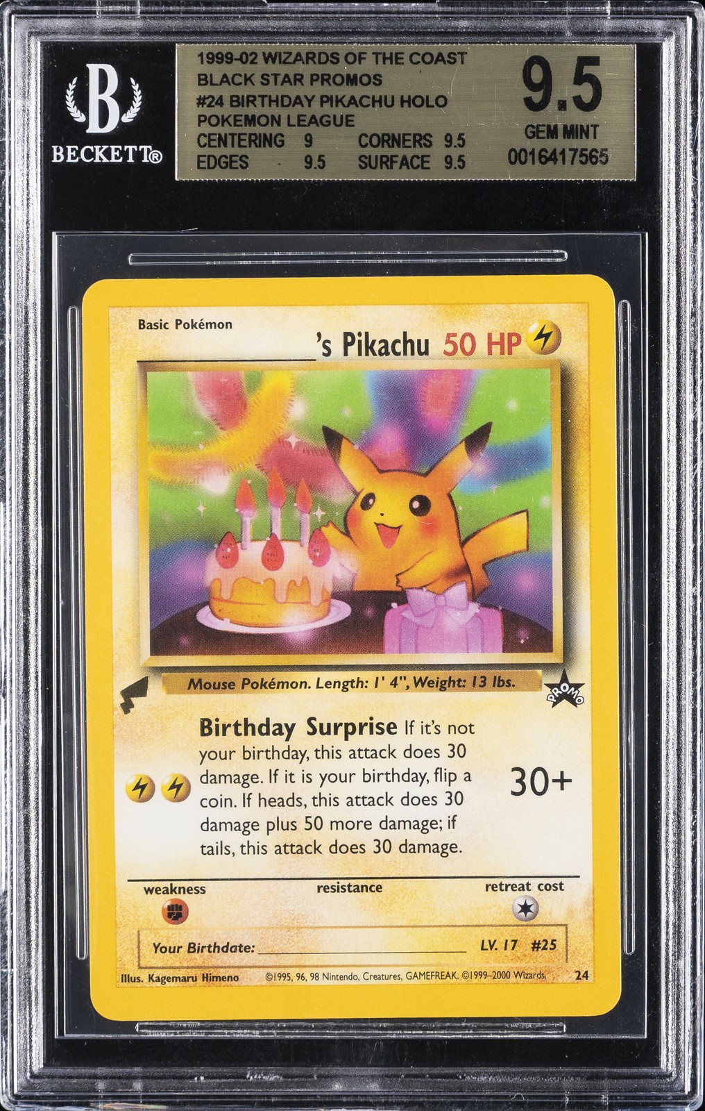 1999-02 WIZARDS OF THE COAST - BLACK STAR PROMOS #24 BIRTHDAY PIKACHU BGS 9.5 1999-02 WIZARDS OF THE COAST - BLACK STAR PROMOS #24 BIRTHDAY PIKACHU BGS 9.5