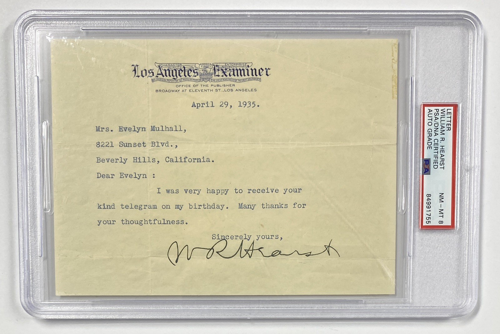William Randolph Hearst Signed Letter 1935 Los Angeles Examiner - PSA