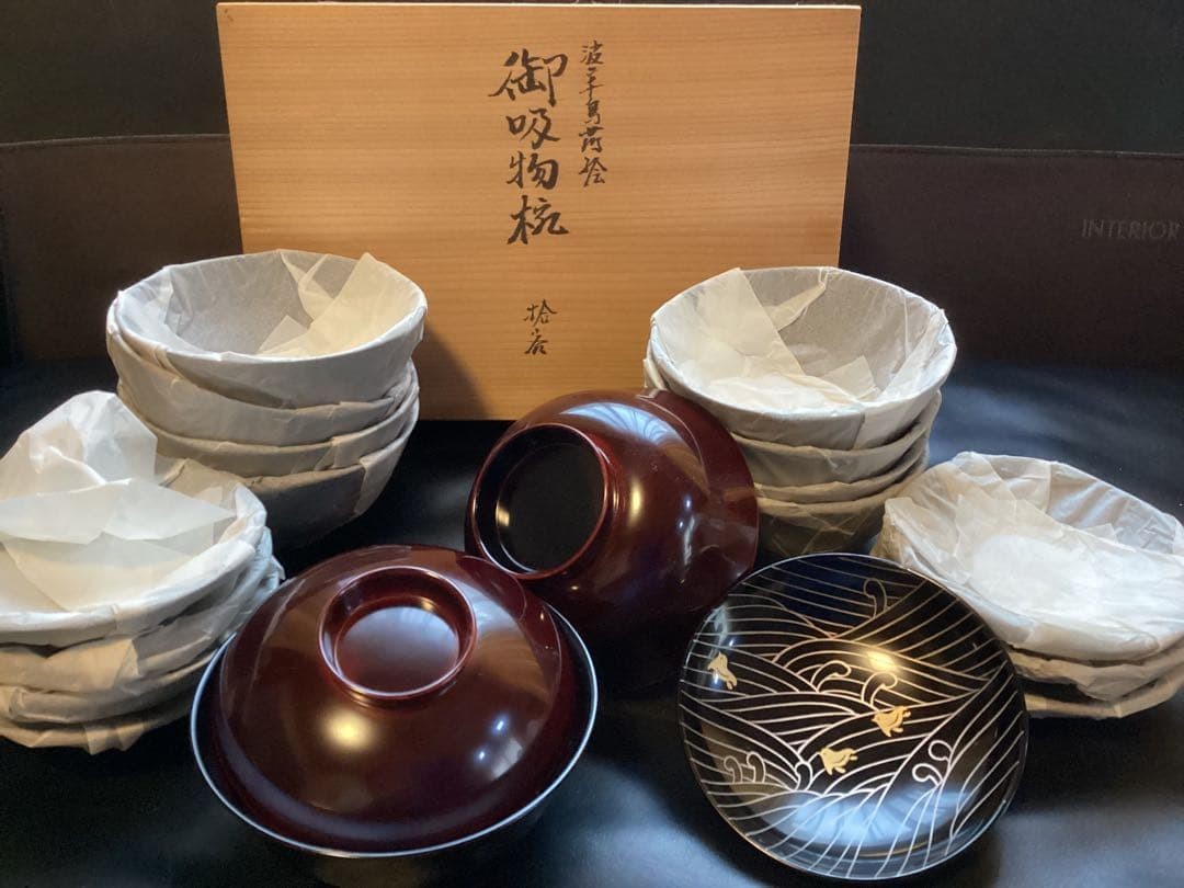 Echizen Lacquerware Kumejiro Wave Plover Soup Bowls Set of 10 Hand-painted Elega Echizen Lacquerware Kumejiro Wave Plover Soup Bowls Set of 10 Hand-painted Elega