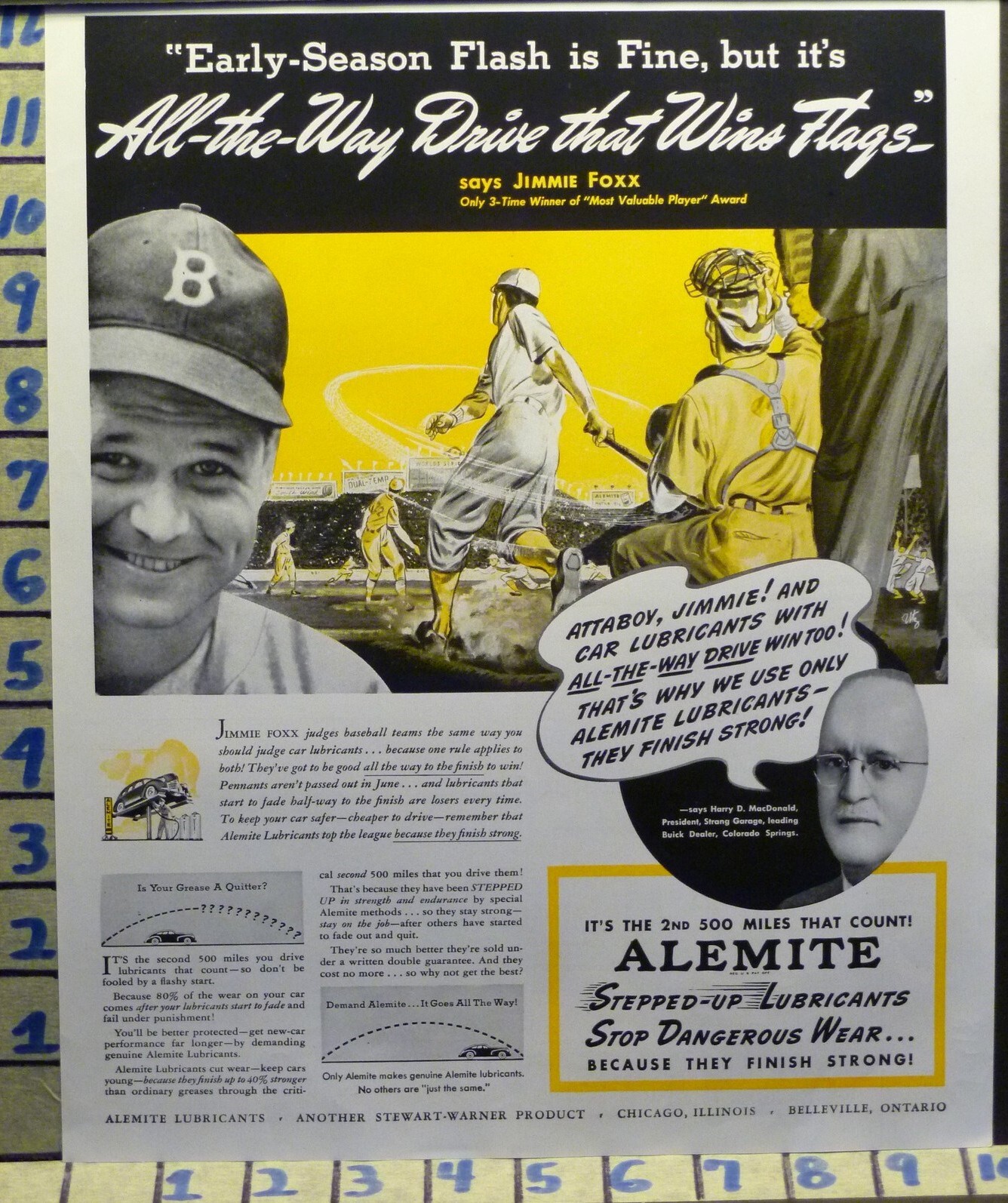 1941 ALEMITE LUBRICANT JIMMIE FOXX BASEBALL MVP GAME SPORT    J48