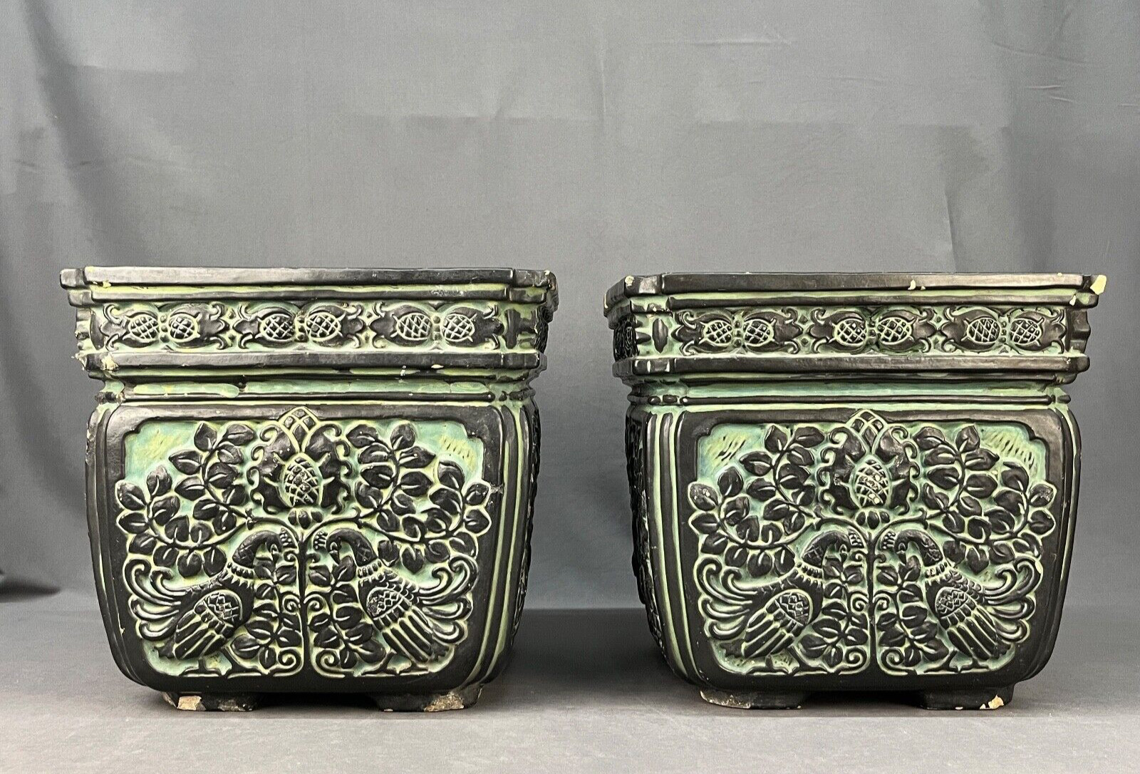 Rare Pair of Batchelder Art Pottery Peacock Verdigris Jardiniere Planters 1920's Rare Pair of Batchelder Art Pottery Peacock Verdigris Jardiniere Planters 1920's