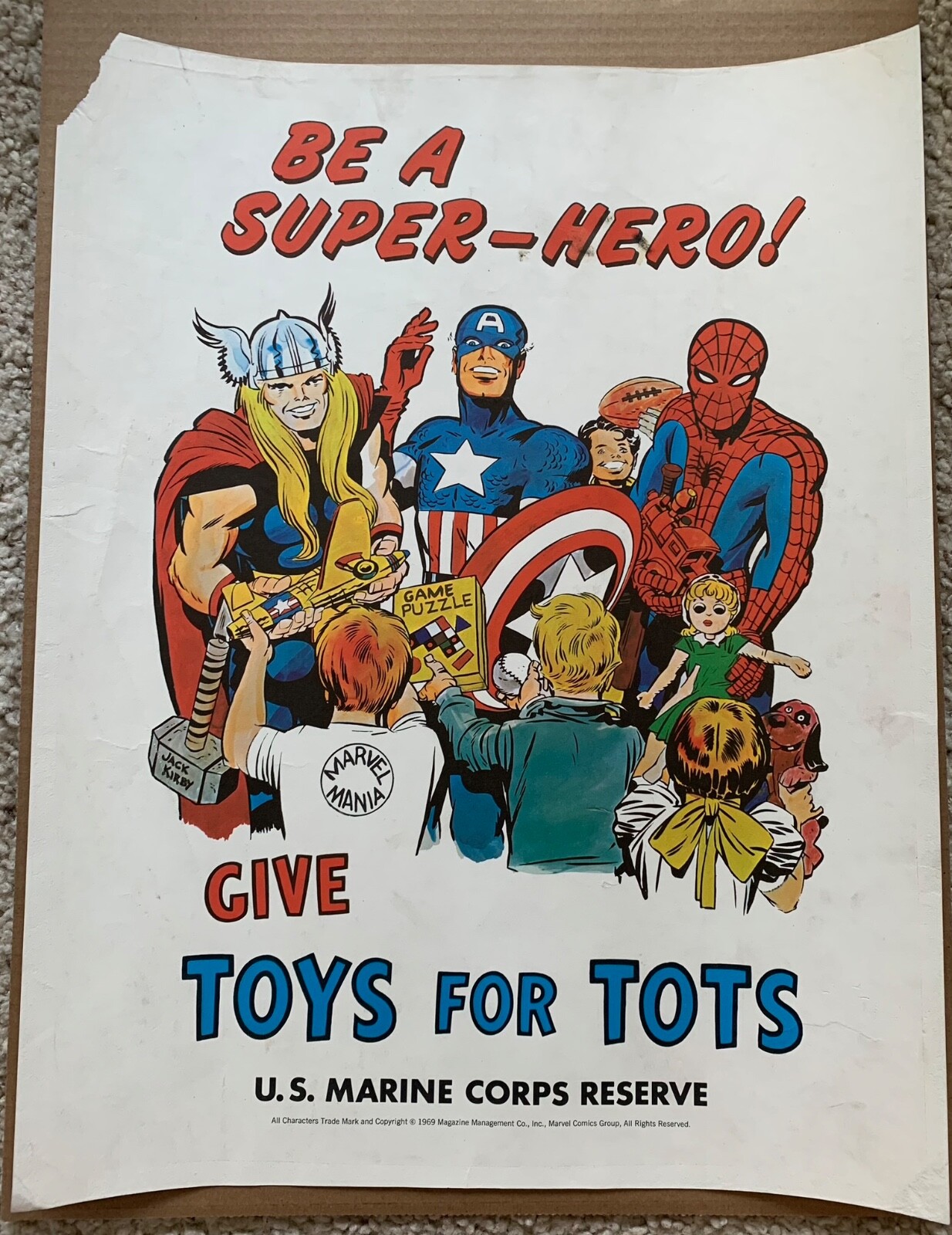 Vintage 1969 JACK KIRBY MARVEL SUPERHEROES TOYS FOR TOTS Poster MARVELMANIA Vintage 1969 JACK KIRBY MARVEL SUPERHEROES TOYS FOR TOTS Poster MARVELMANIA