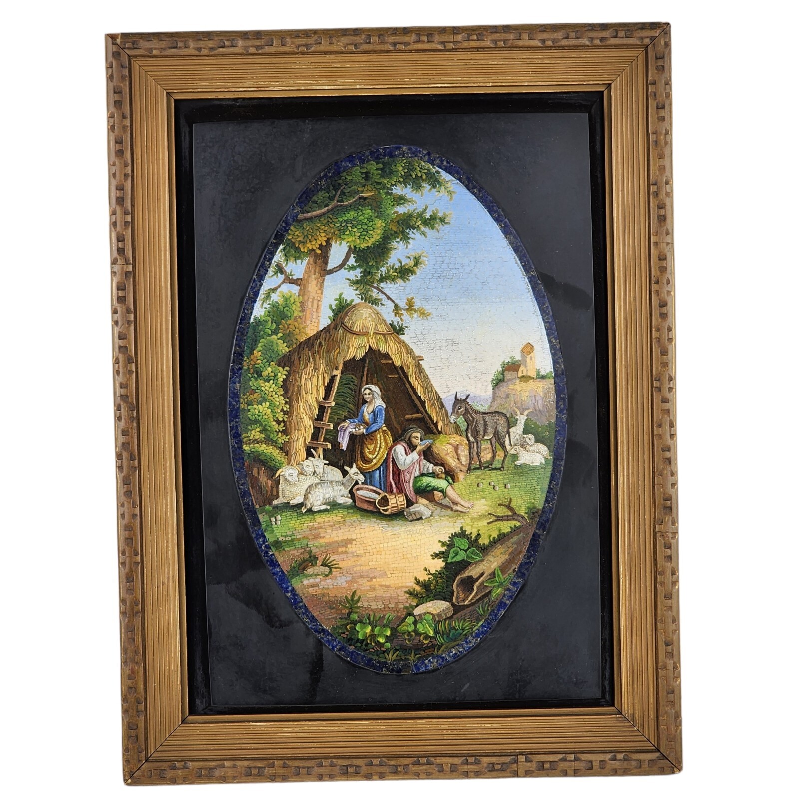 Italian Micromosiac Plaque on a Marble Panel of a Pastoral Scene 1875-1900