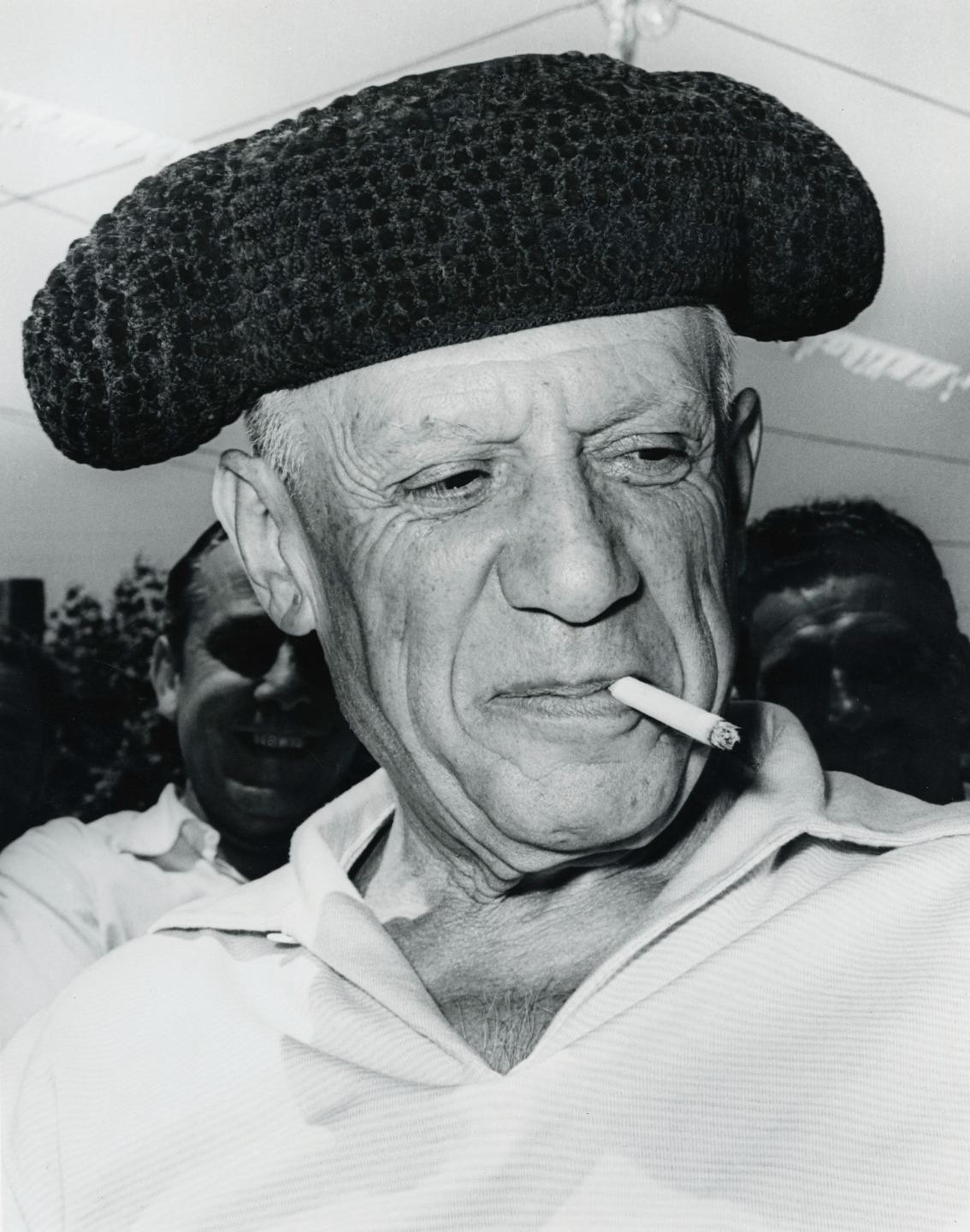 1954 Pablo Picasso Smoking in Toreador Hat at Vallauris Photo by Andre Villers 1954 Pablo Picasso Smoking in Toreador Hat at Vallauris Photo by Andre Villers