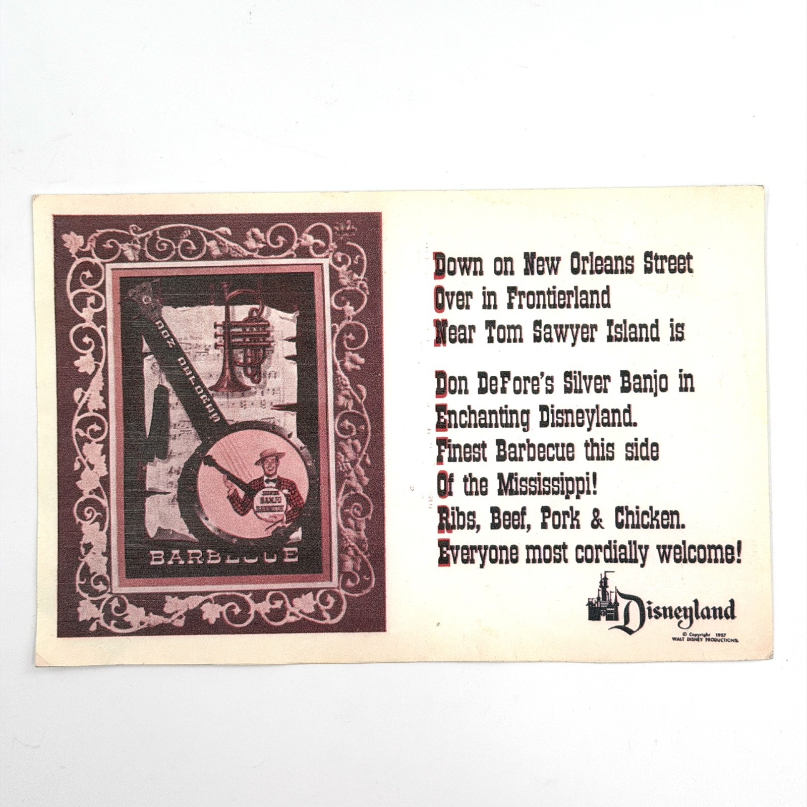 1957 Disneyland Don DeFore Silver Banjo Barbecue Frontierland Handbill 8.5 x 5.5