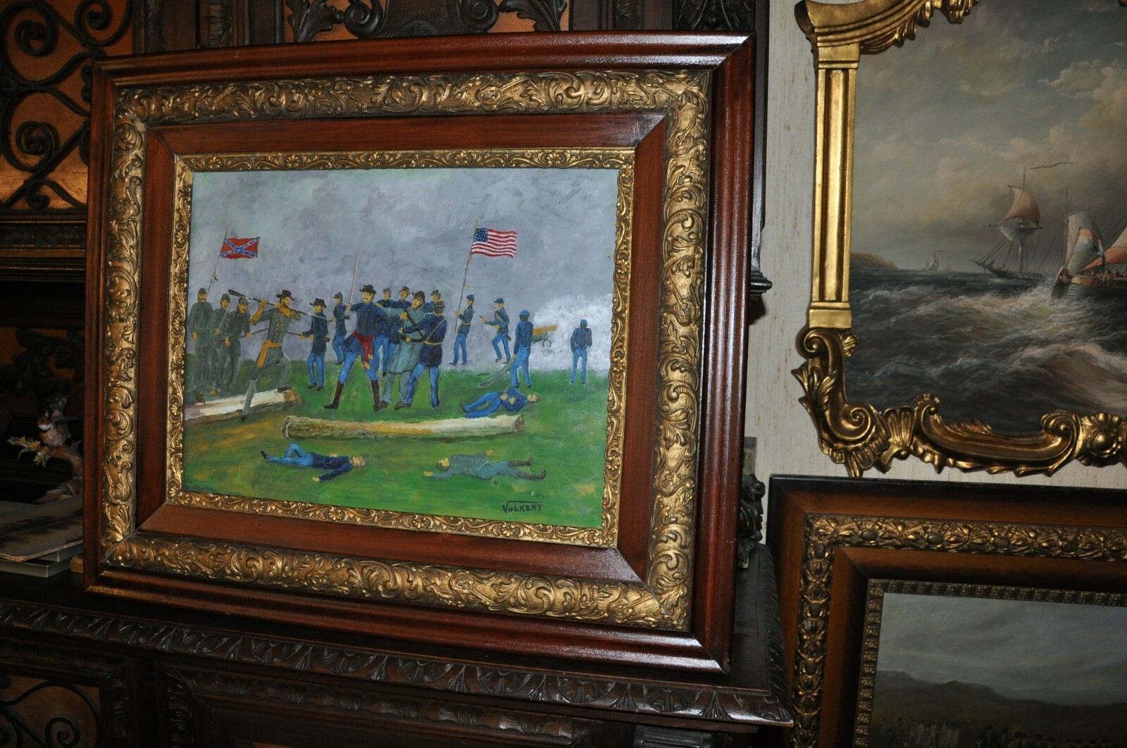 Spectacular Original Antique Civil War Battle scene Oil Painting by Volkert Spectacular Original Antique Civil War Battle scene Oil Painting by Volkert