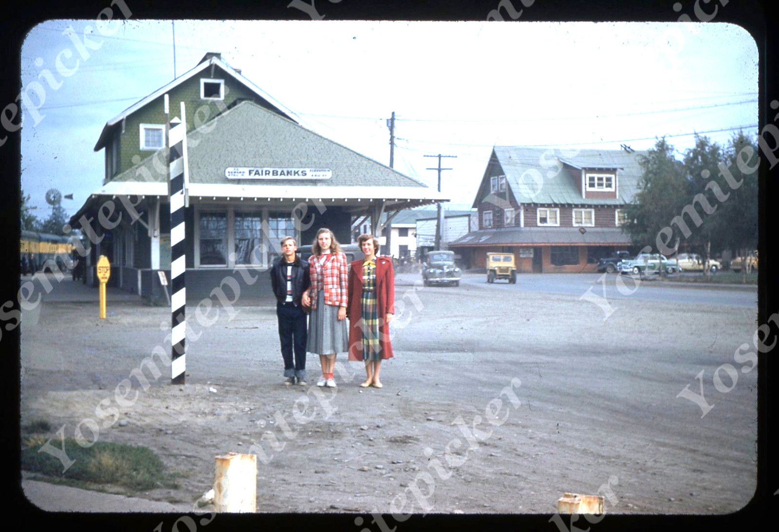 sl39 Original slide 1951 Red Kodachrome Fairbanks Alaska Railroad Station 702a
